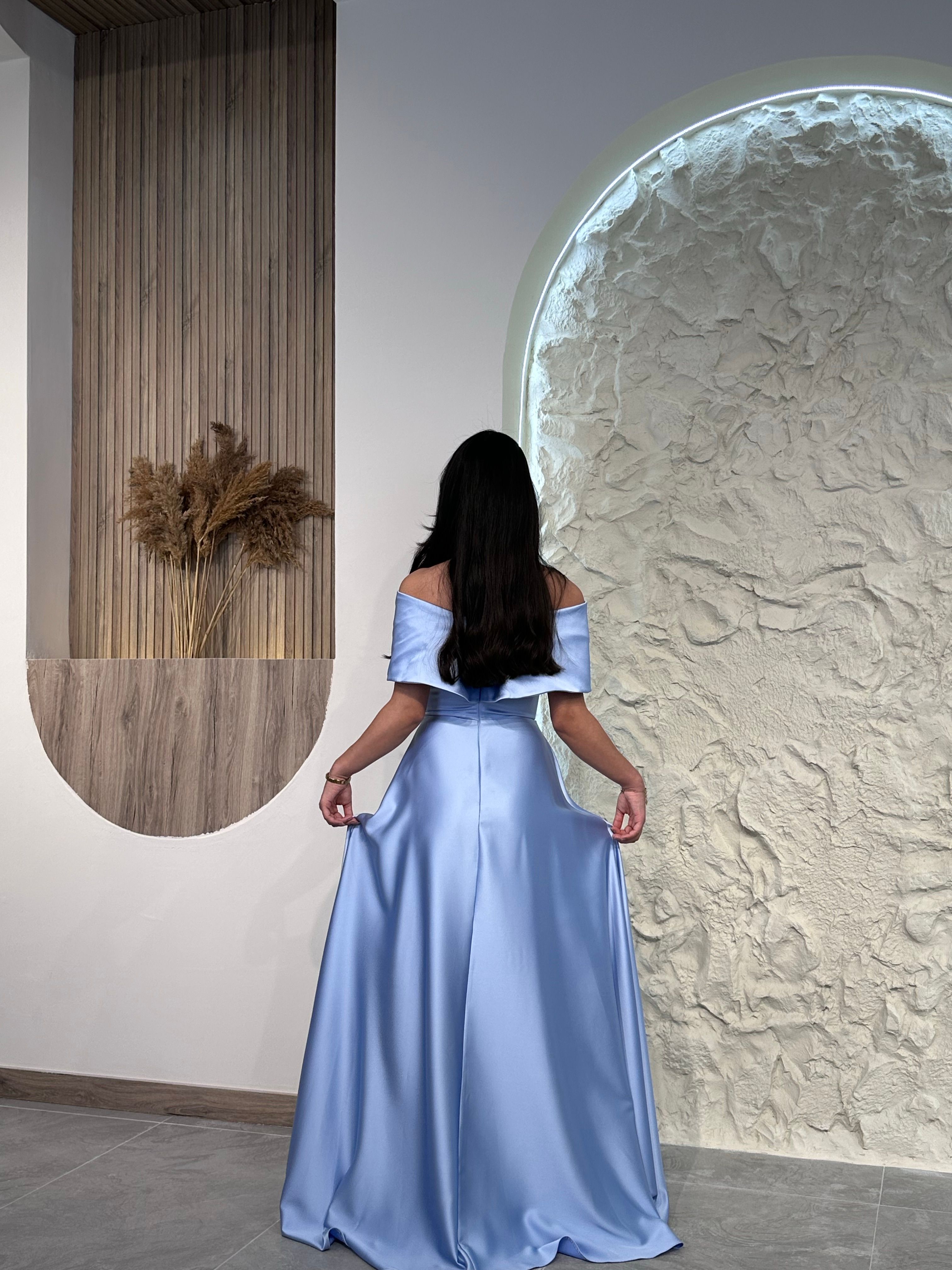 1035 Taş Detaylı Saten Abiye Elbise - Bebe Mavisi