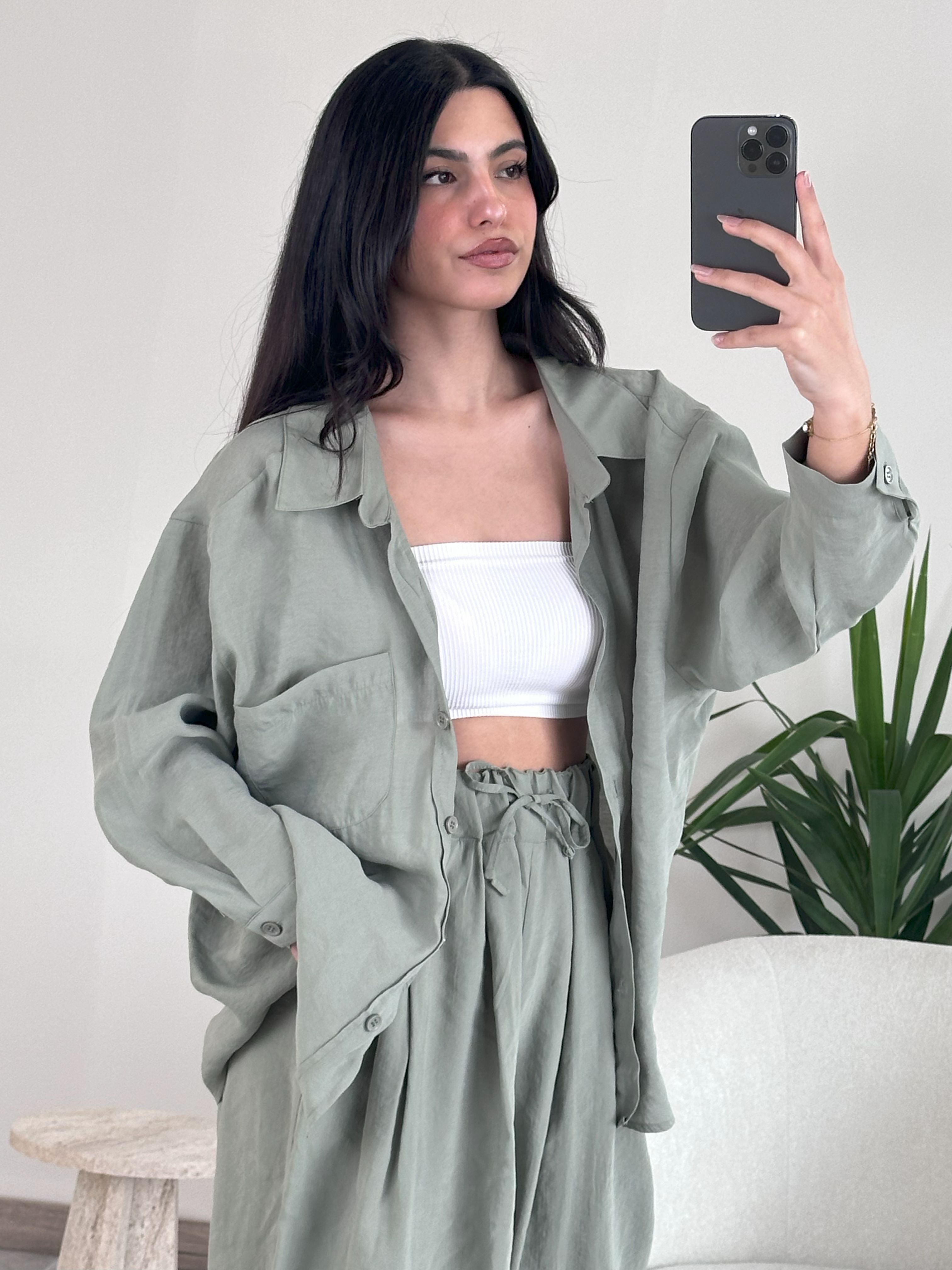 Yeşil Oversize Gömlek ve Lastikli Pantolon Takım 1020