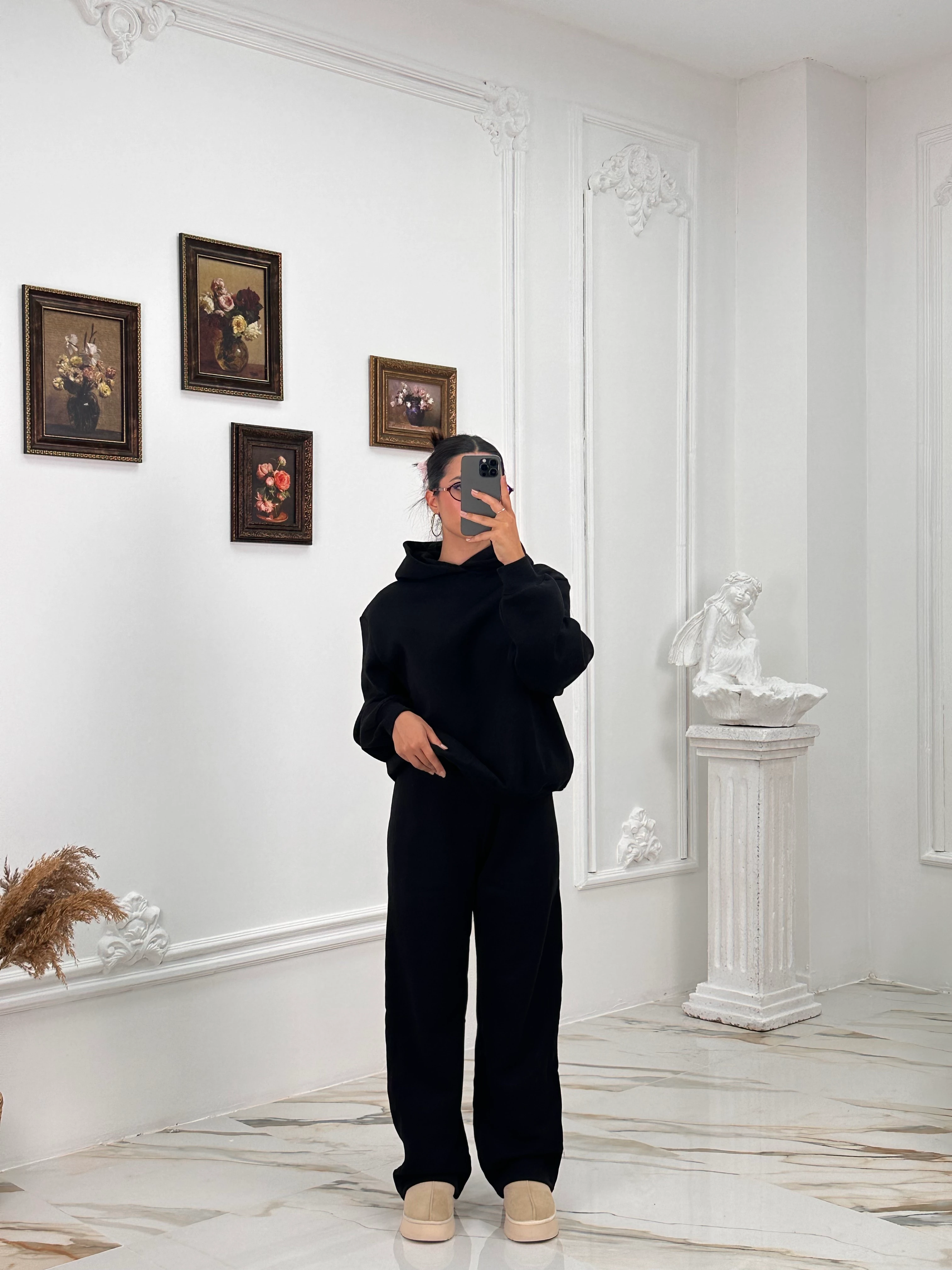 633 Muadil Oversize Şardonlu Hoodie Takım - Siyah