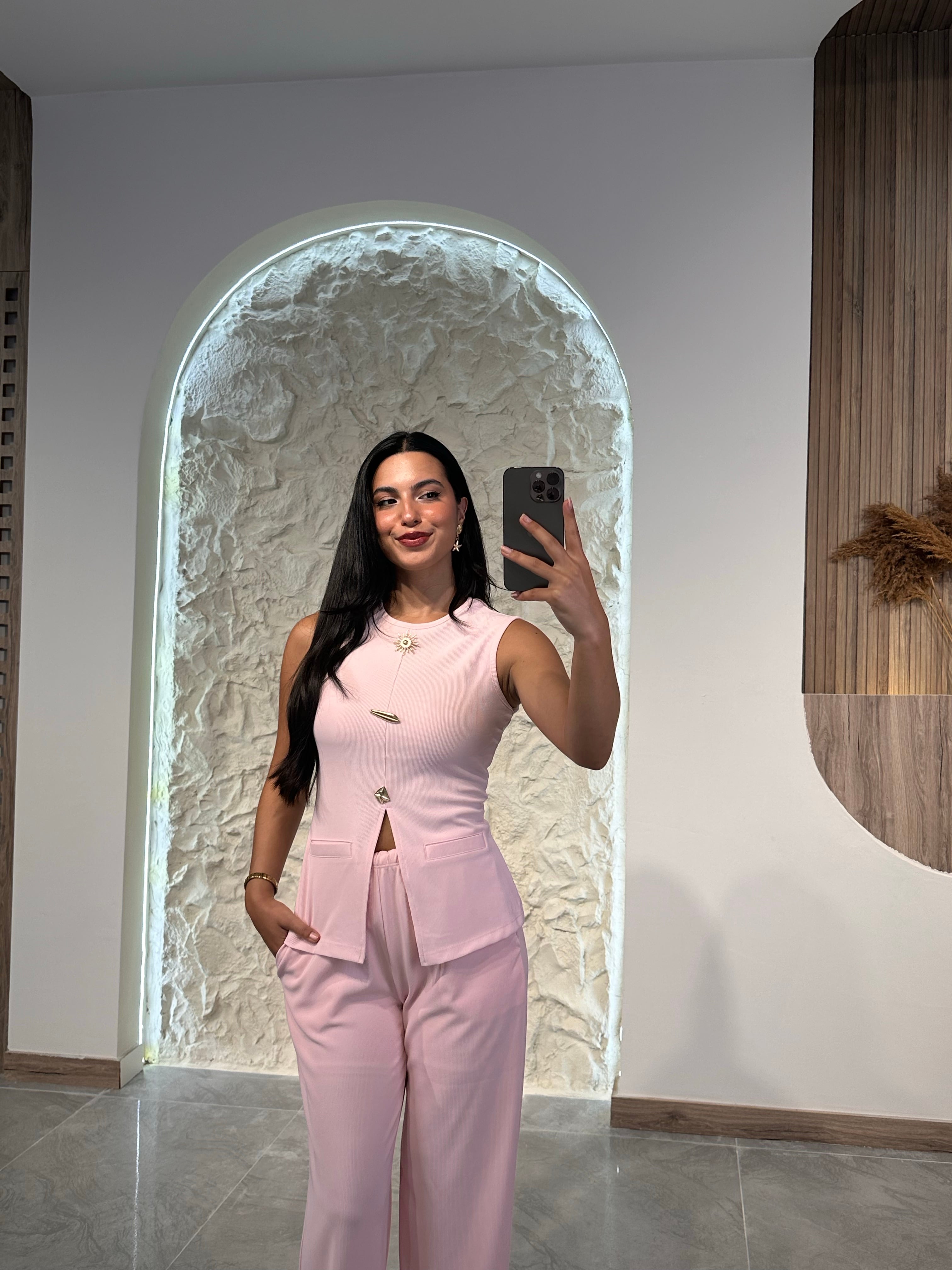 2448 Ottoman Kumaş Altın Aksesuarlı Bluz - Pembe