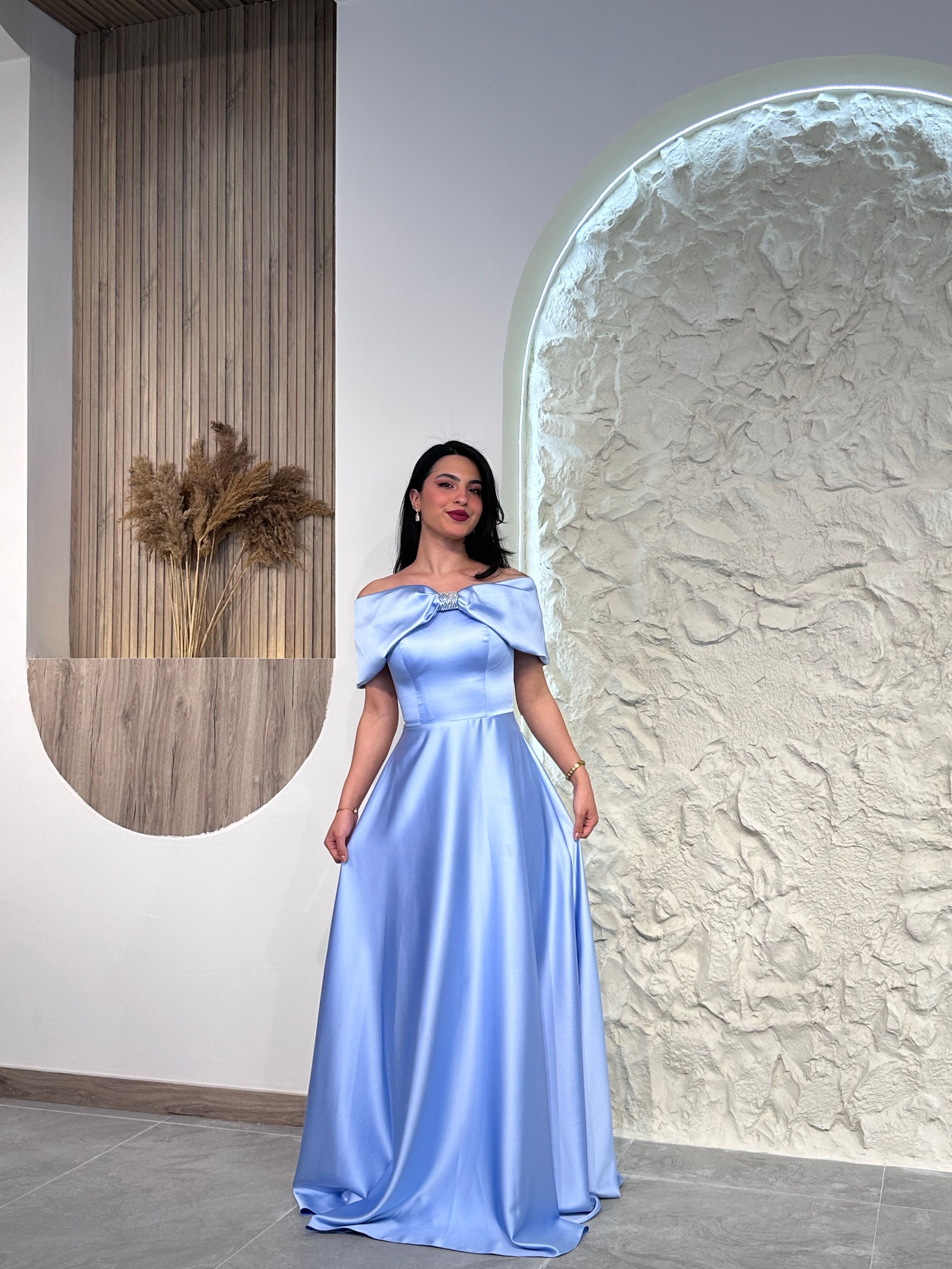 1035 Taş Detaylı Saten Abiye Elbise - Bebe Mavisi