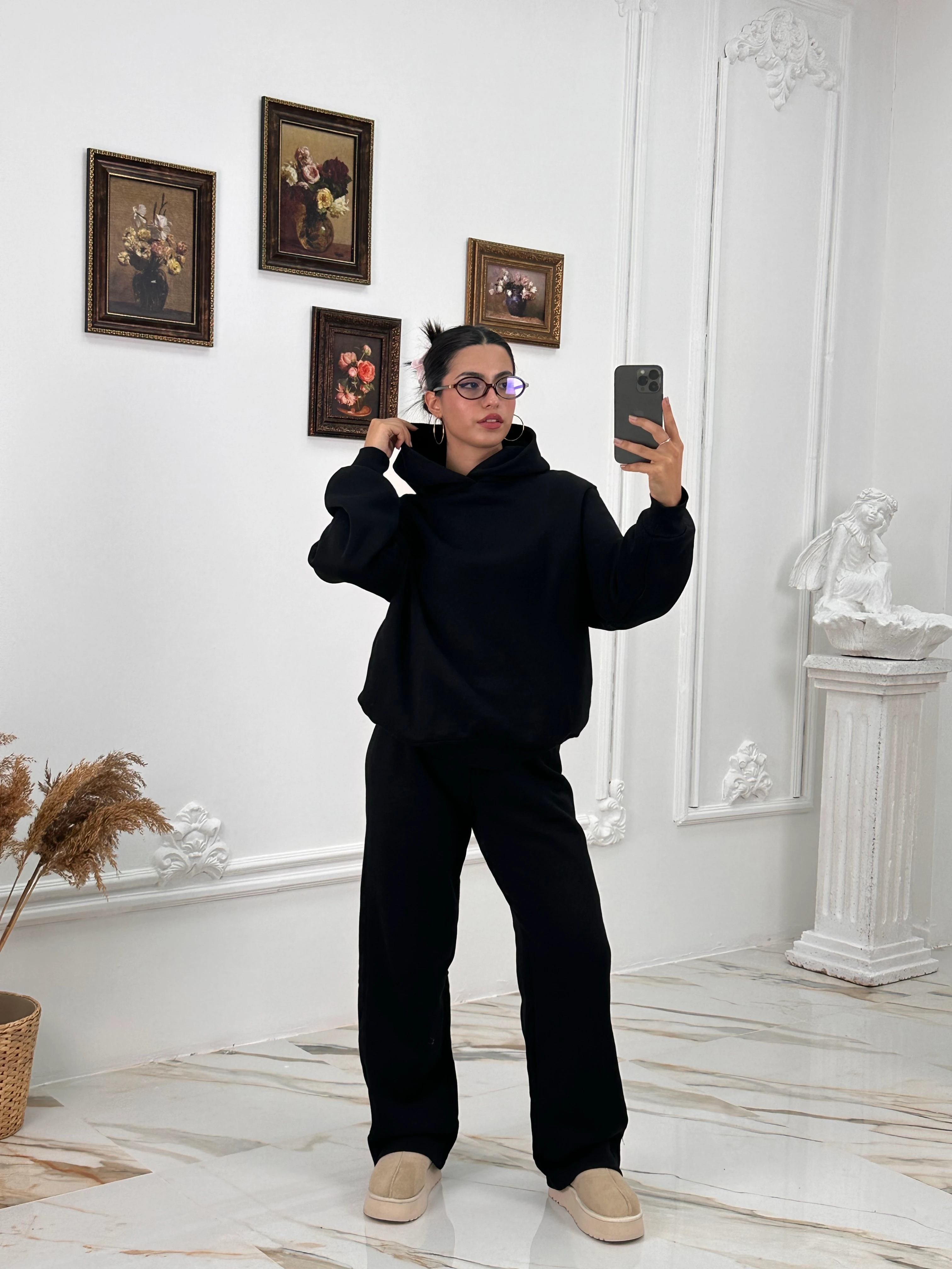 633 Muadil Oversize Şardonlu Hoodie Takım - Siyah