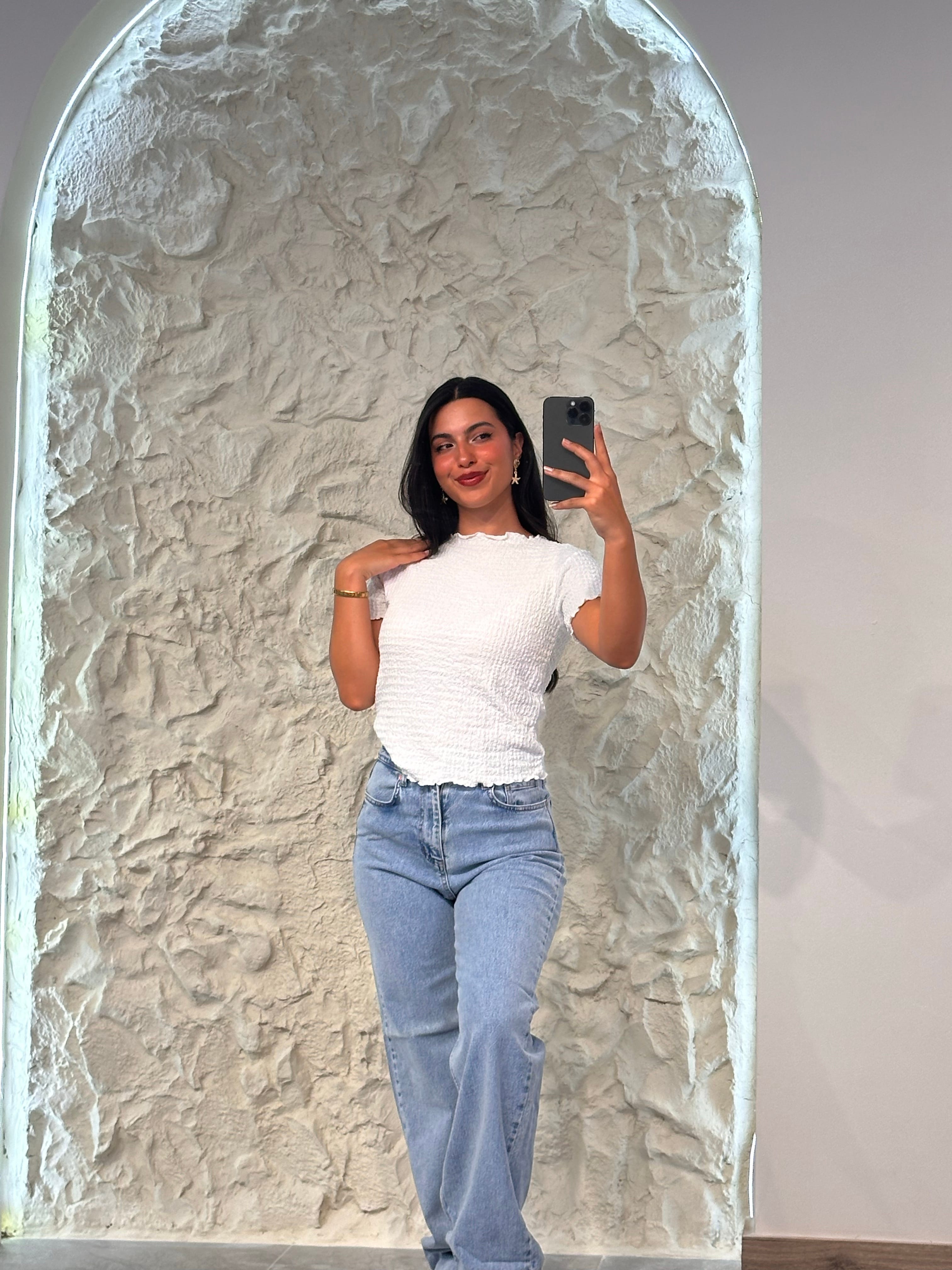 0014 Gofre Kumaş T-shirt - Beyaz