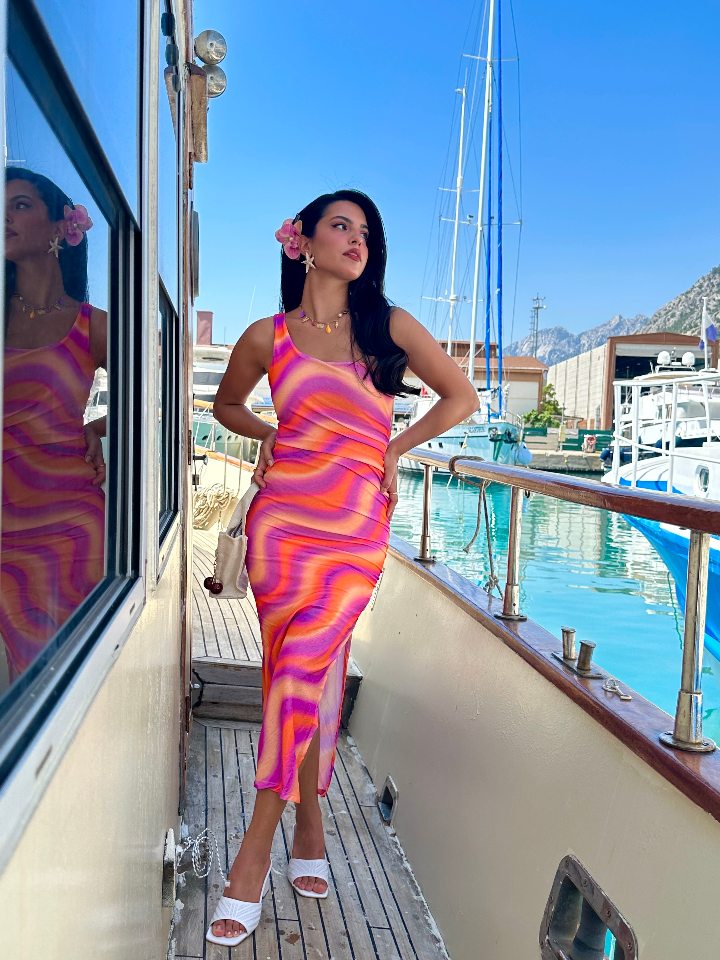 Turuncu Pembe Sunset Tül Elbise 2410
