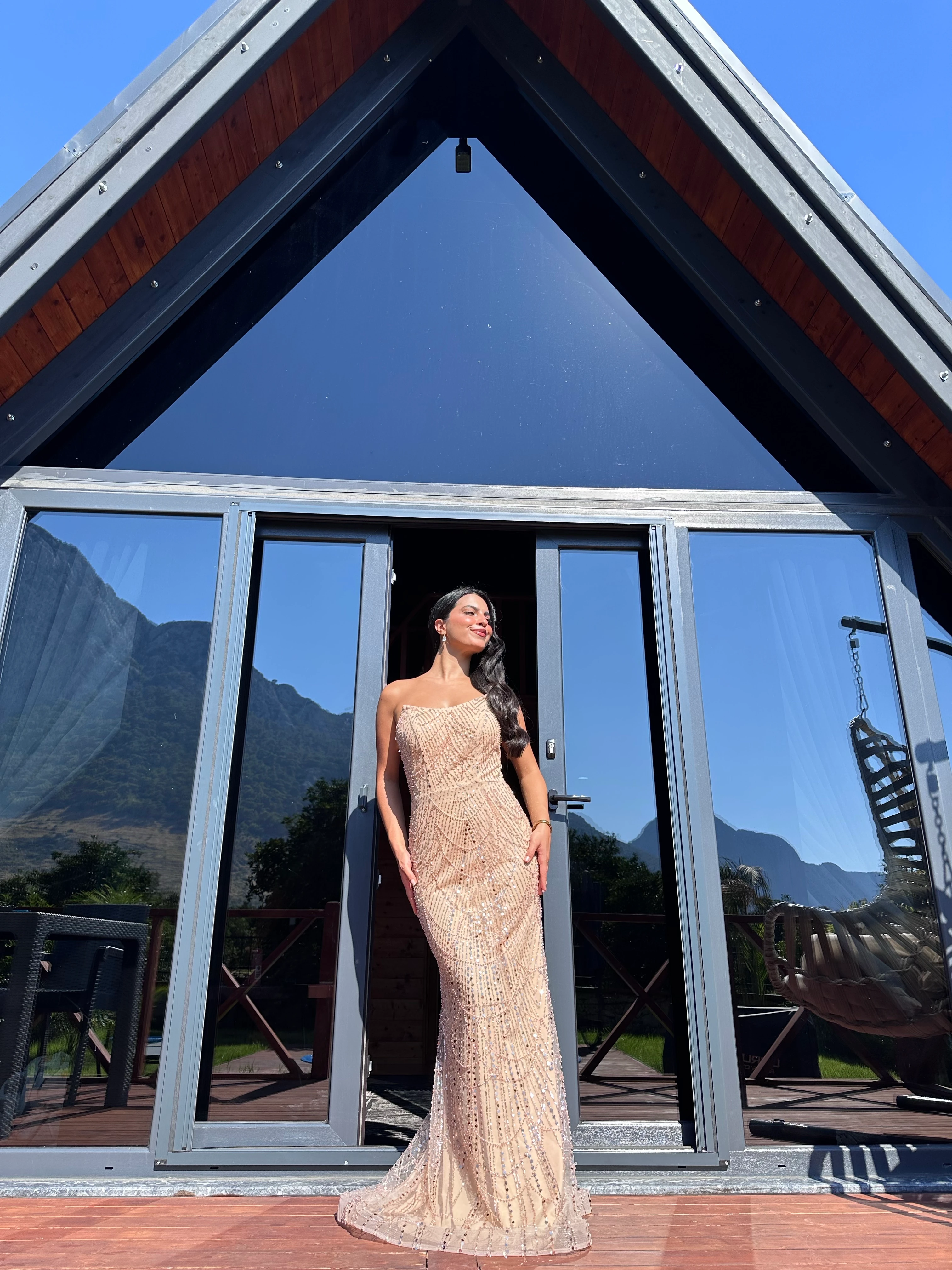 1056 (Yeni Seri) Pul Detaylı Abiye Elbise - Bej