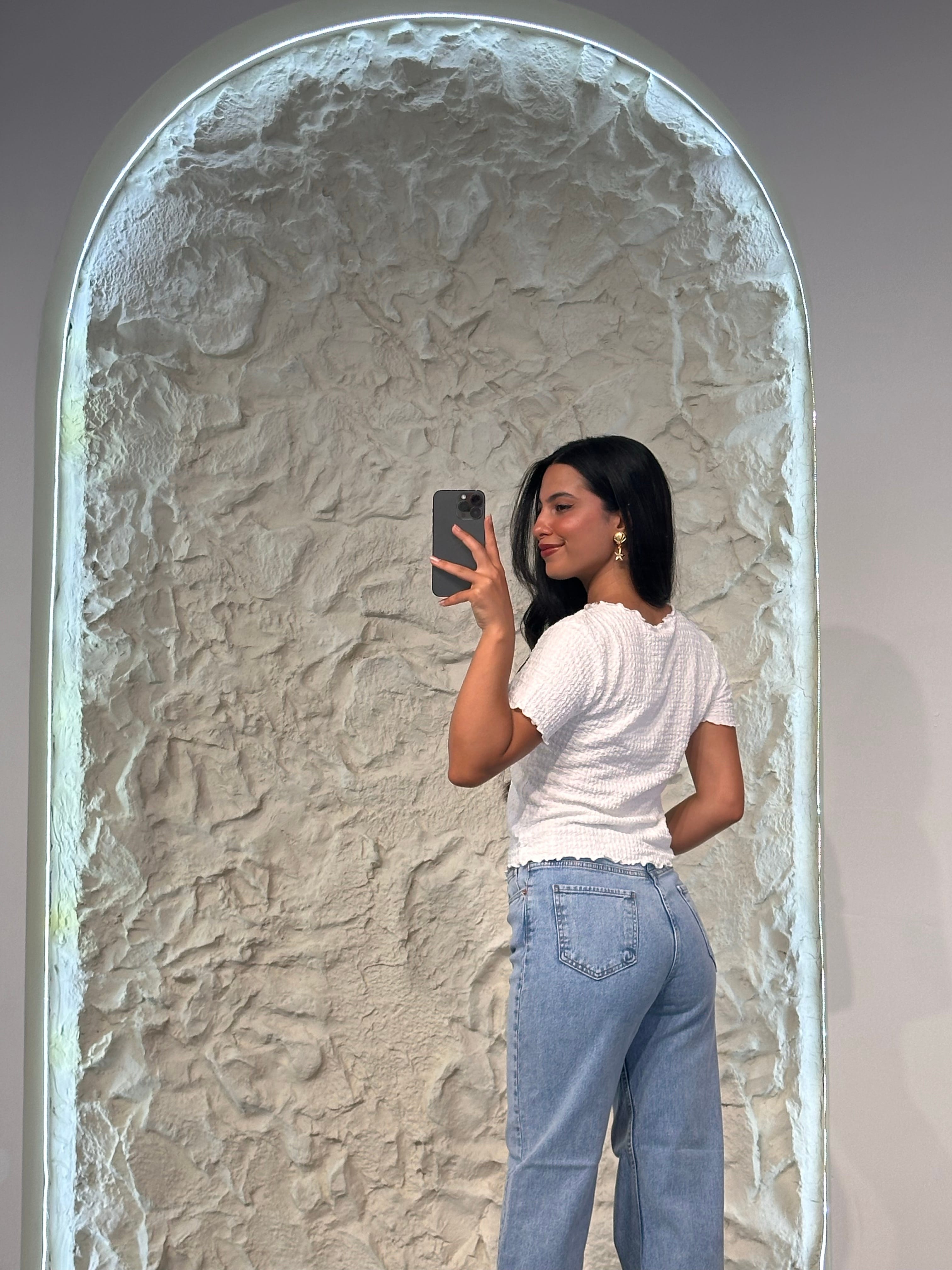 0014 Gofre Kumaş T-shirt - Beyaz