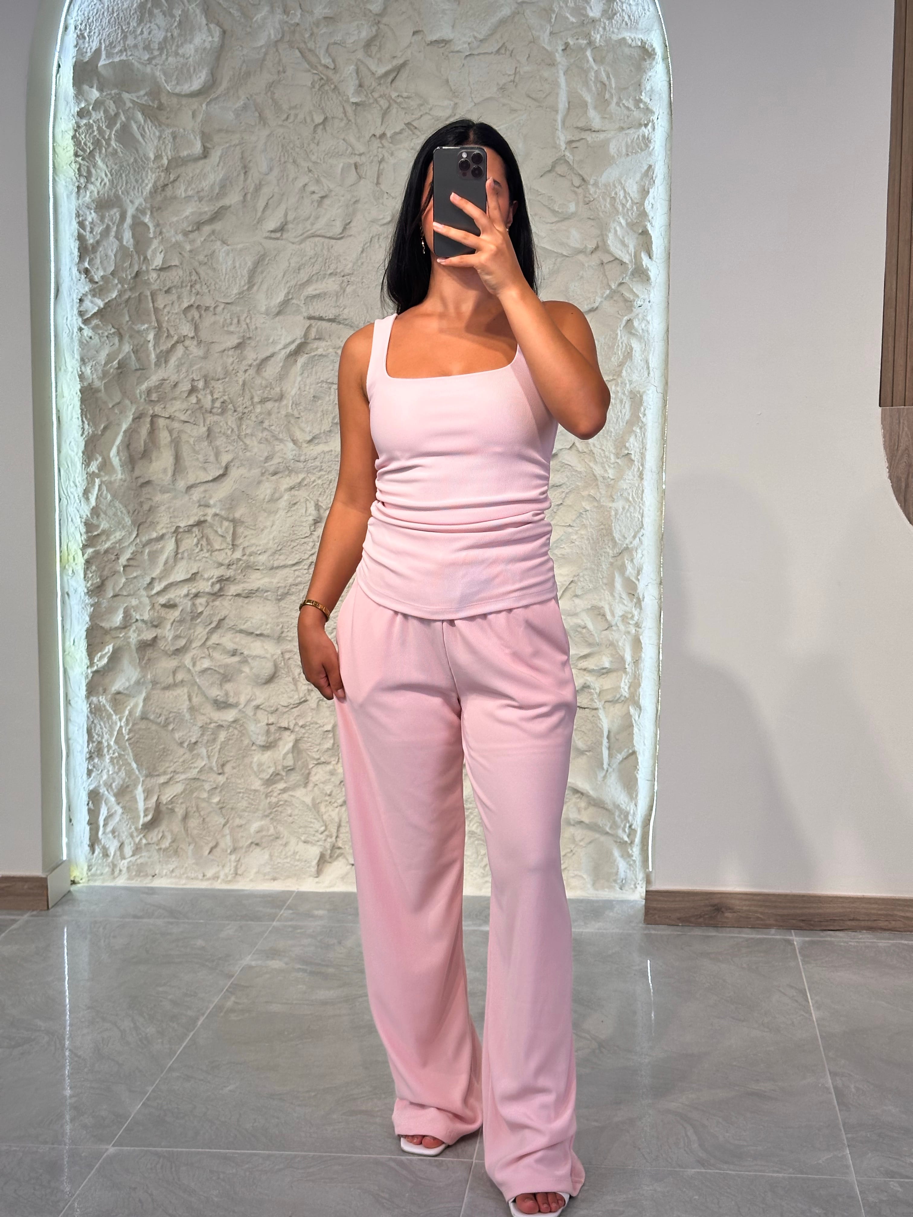 2448 Ottoman kumaş Bol Paça Pantolon - Pembe