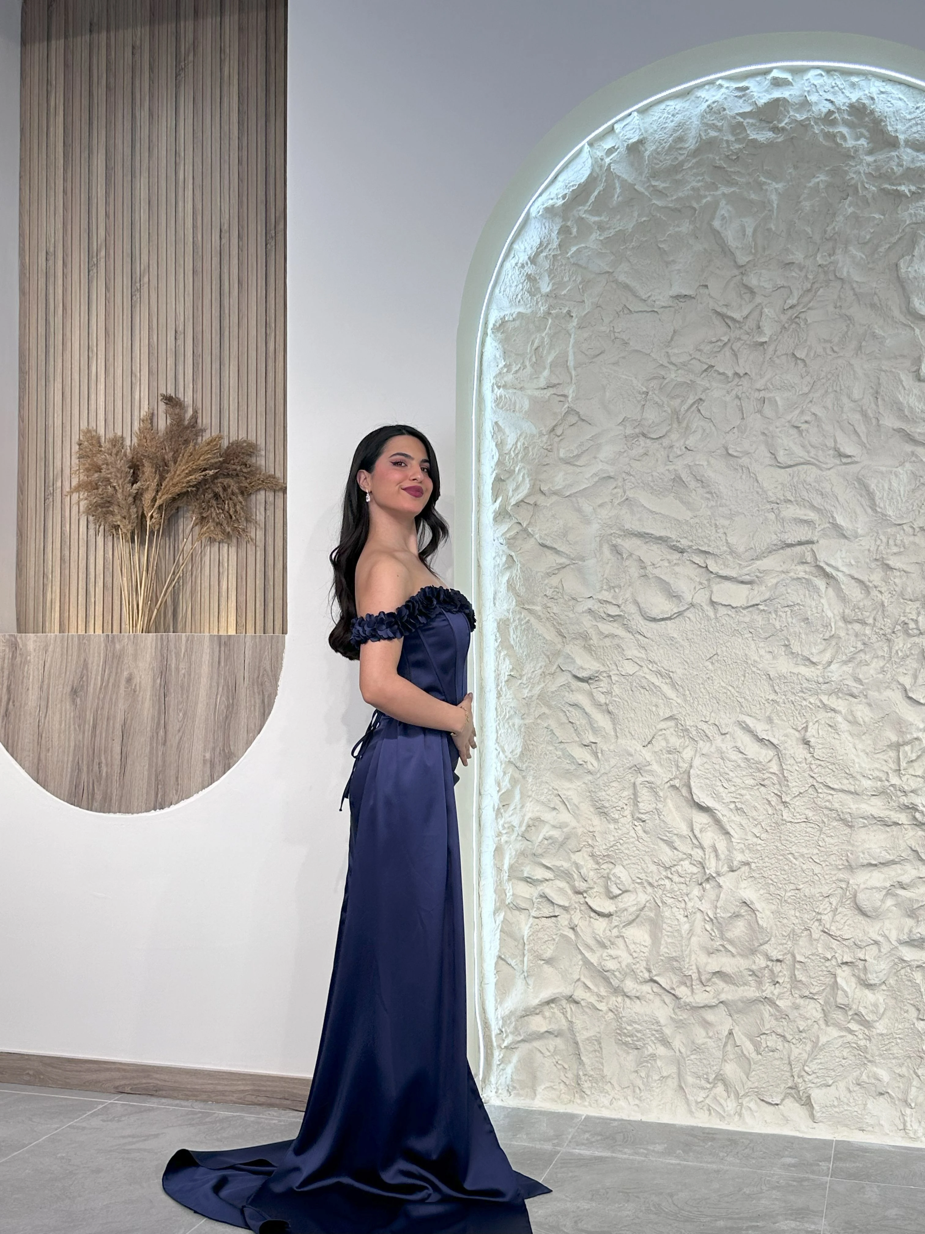 Lacivert 1002 Çiçek Detaylı Abiye Elbise