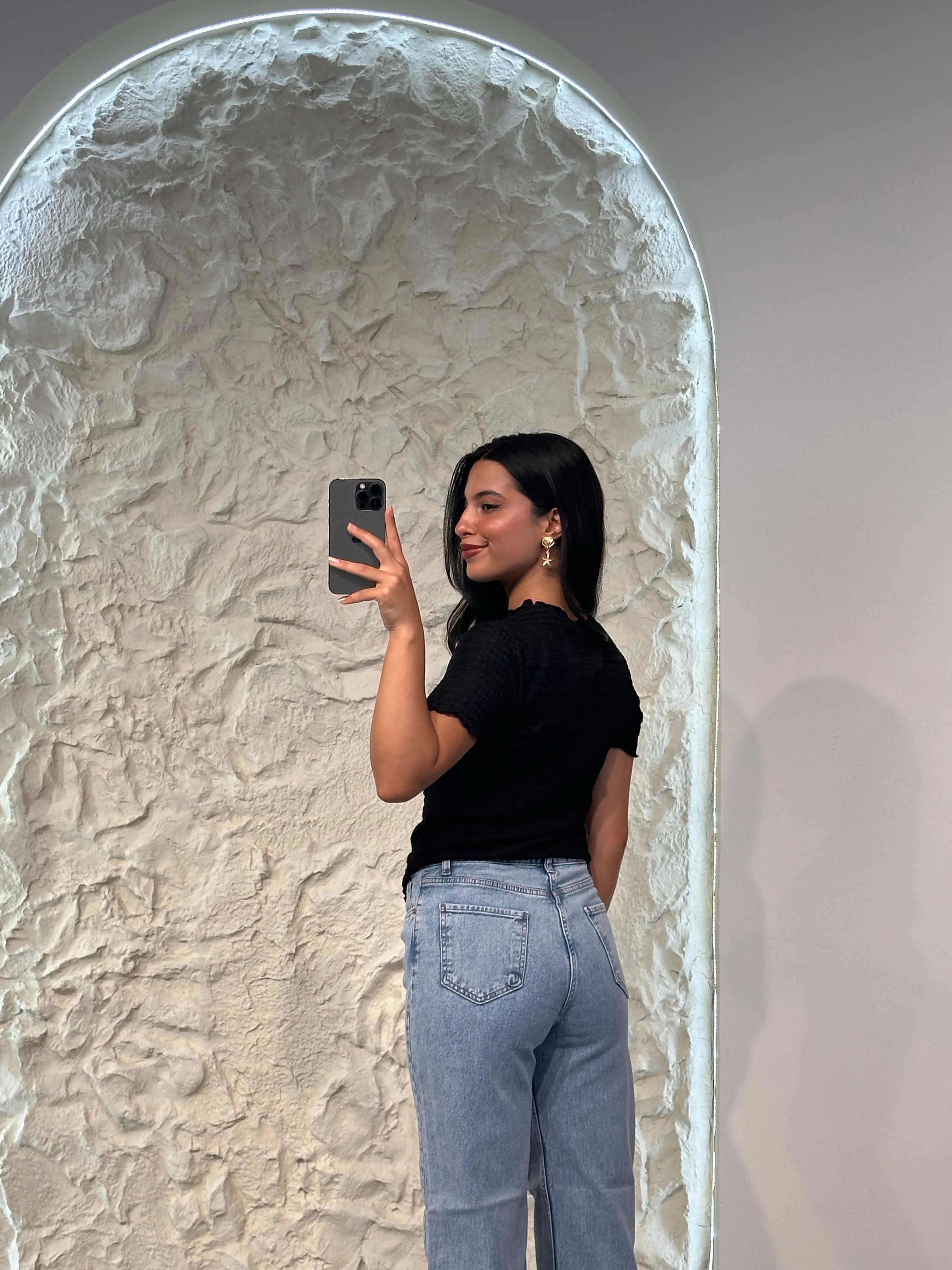 0014 Gofre Kumaş T-shirt - Siyah