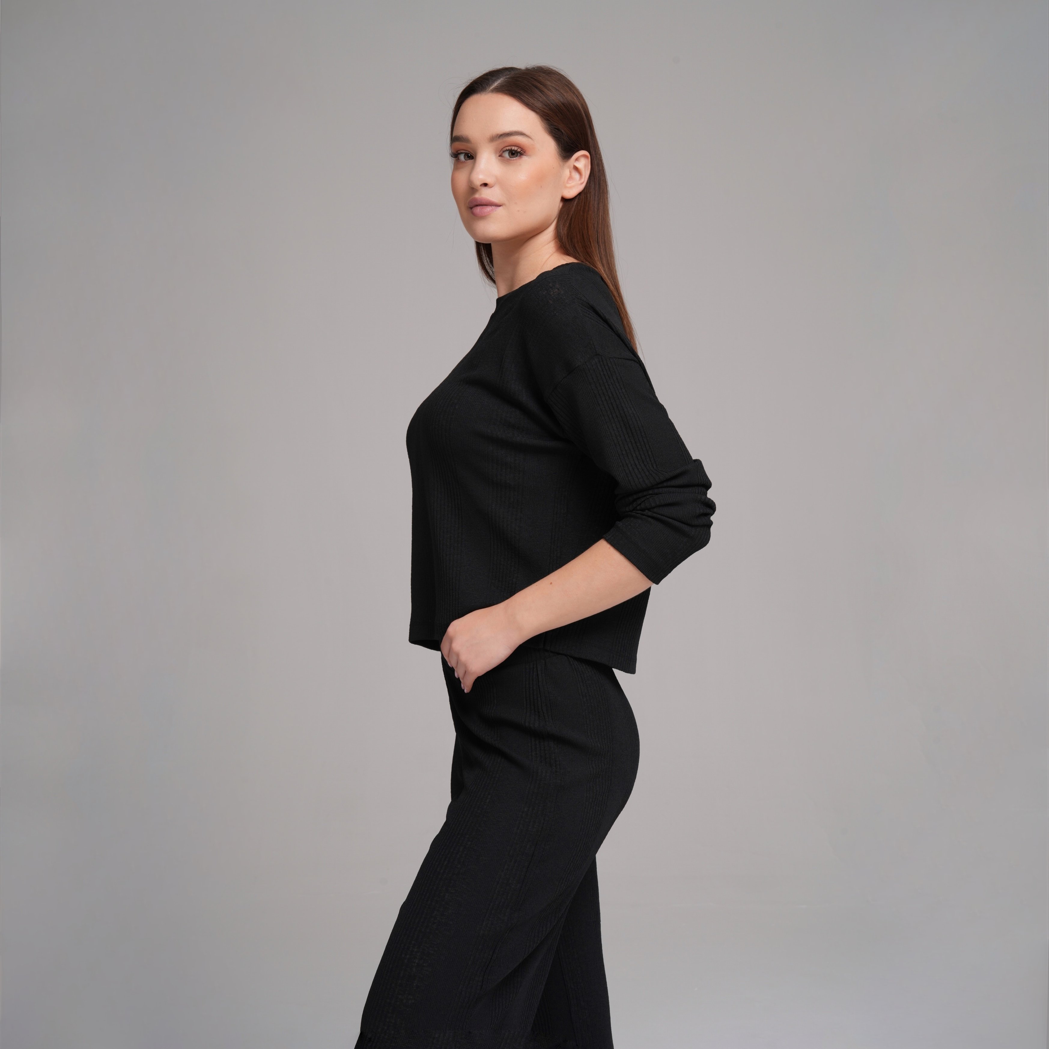 Alba Everyday Ribbed Pant & Top Set - Siyah