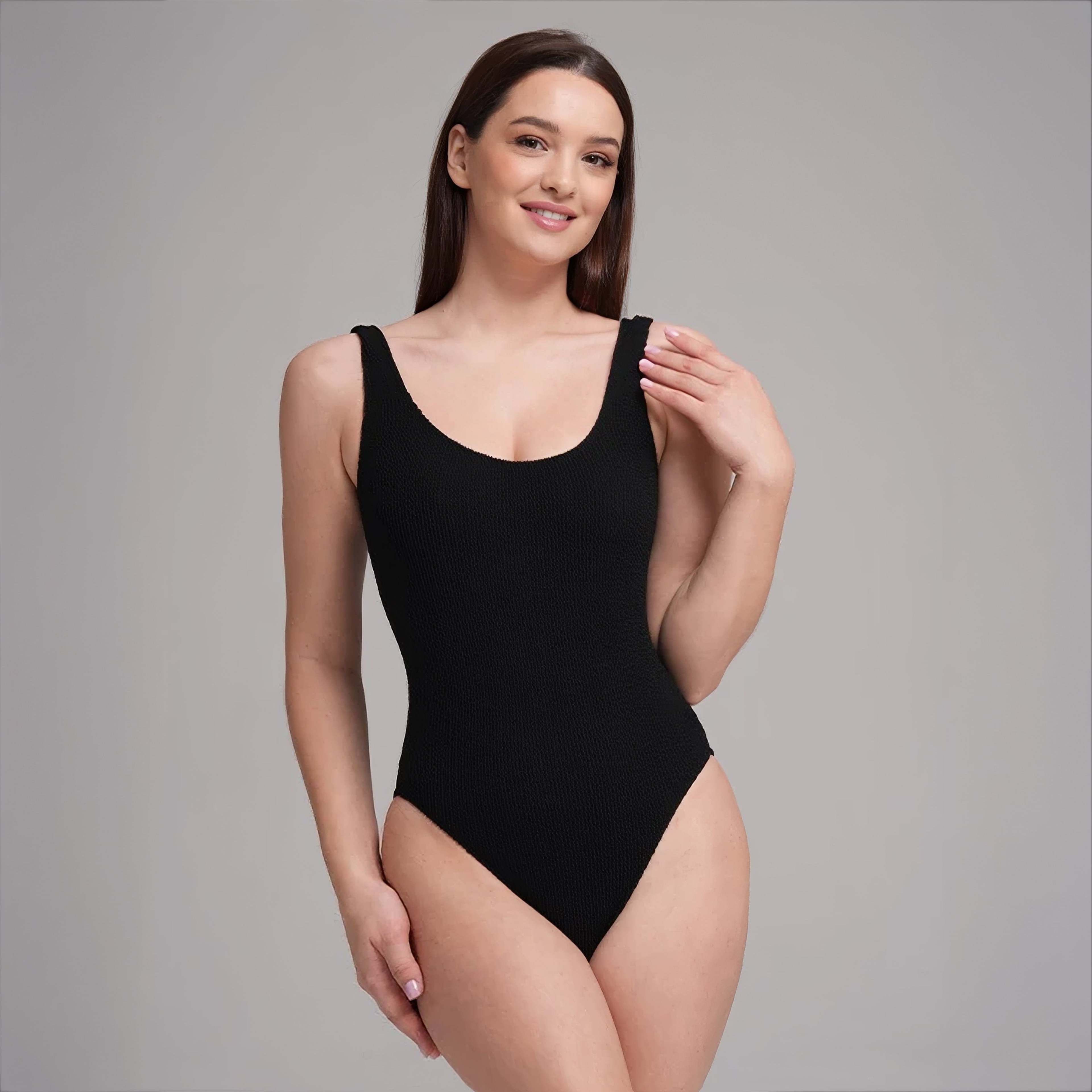 Crepe Bliss Fit Swimsuit Siyah - Toparlayici Düz Renk Yüzücü Fit Mayo 