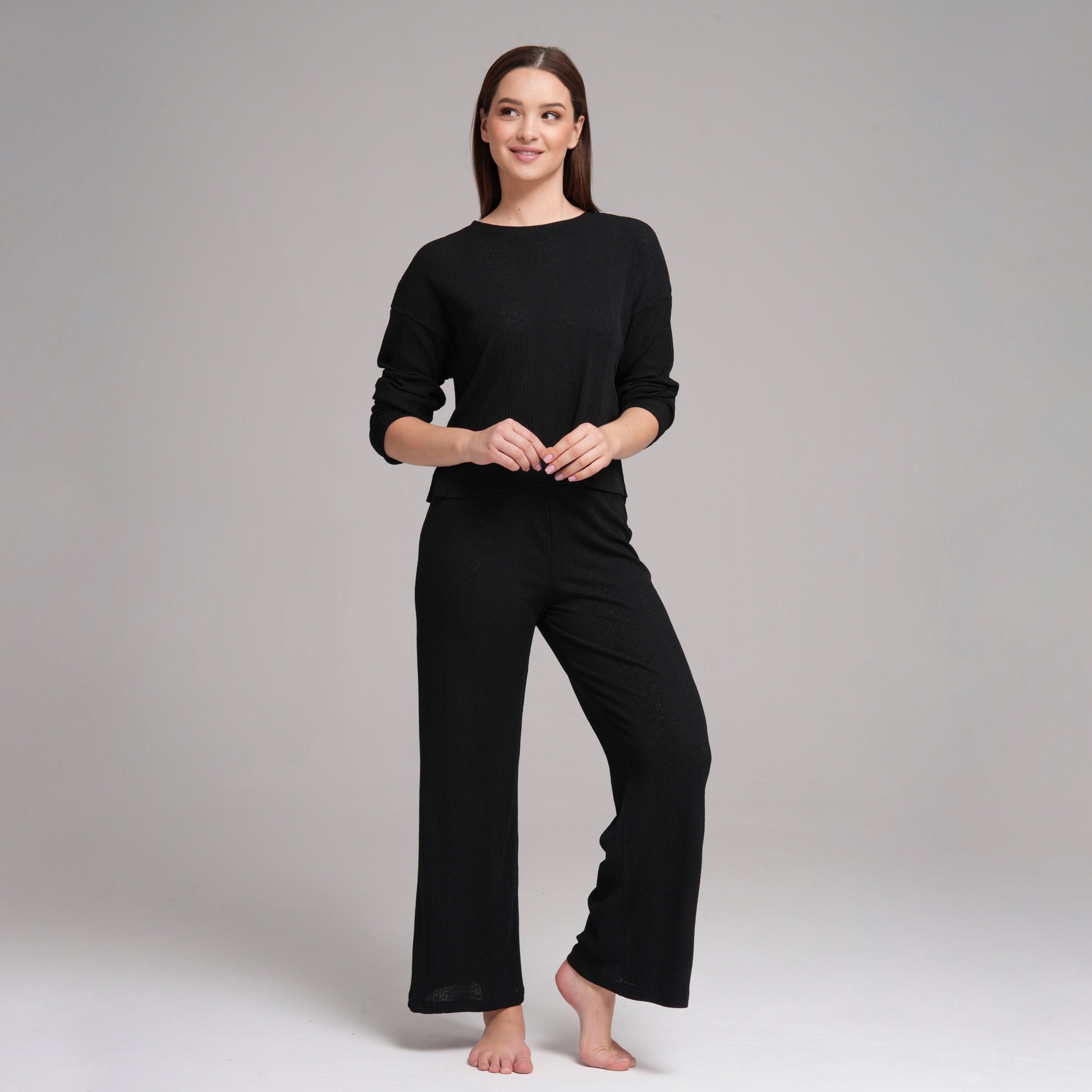 Alba Everyday Ribbed Pant & Top Set - Siyah