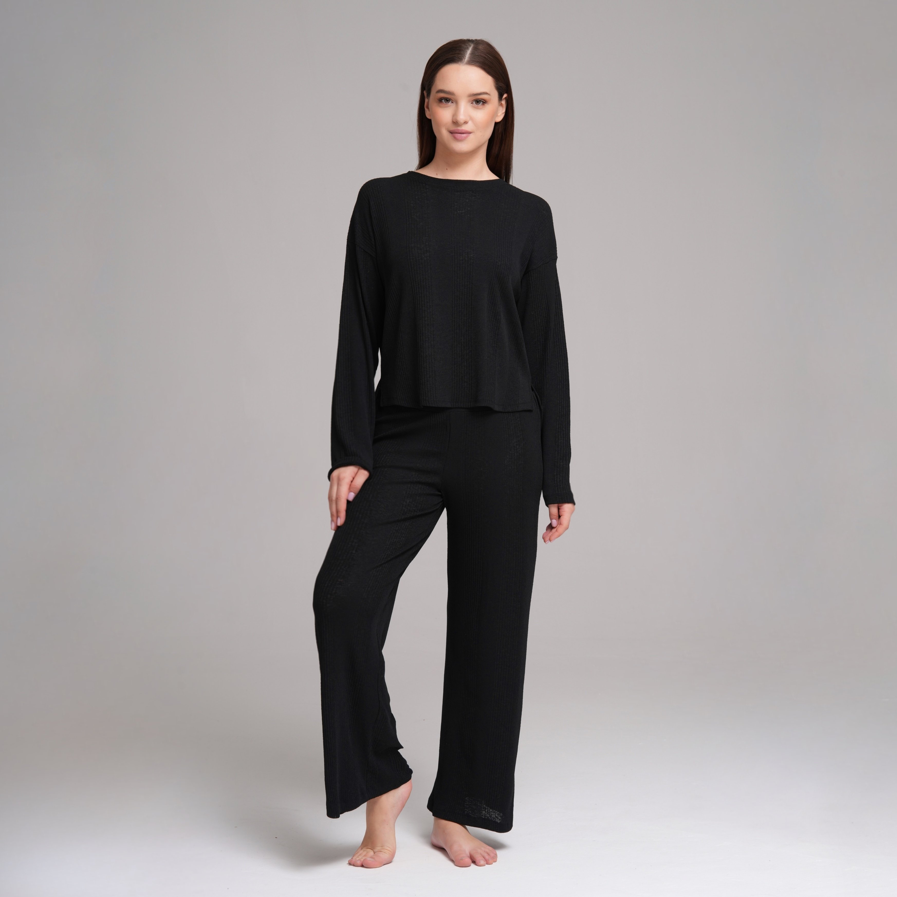 Alba Everyday Ribbed Pant & Top Set - Siyah