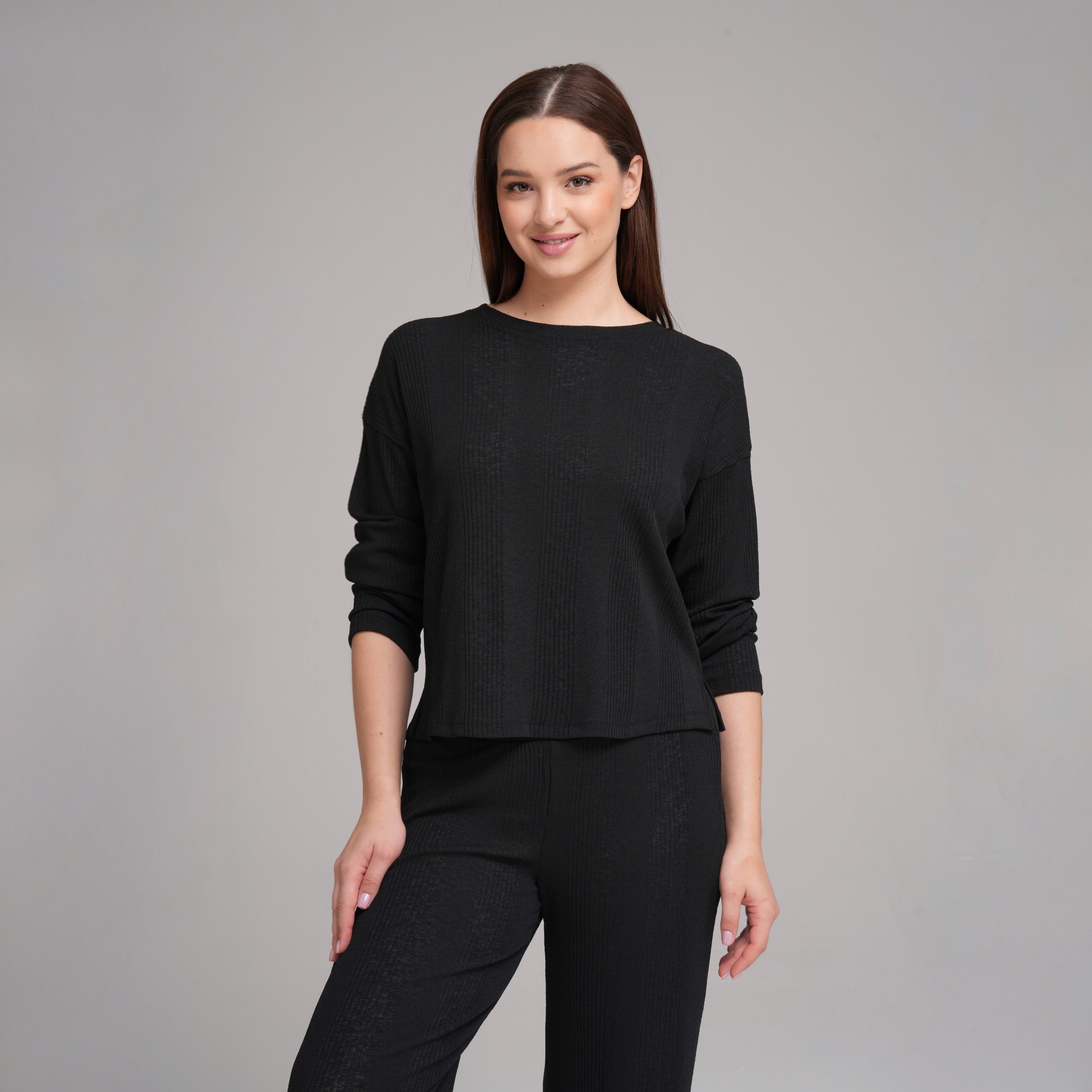 Alba Everyday Ribbed Pant & Top Set - Siyah