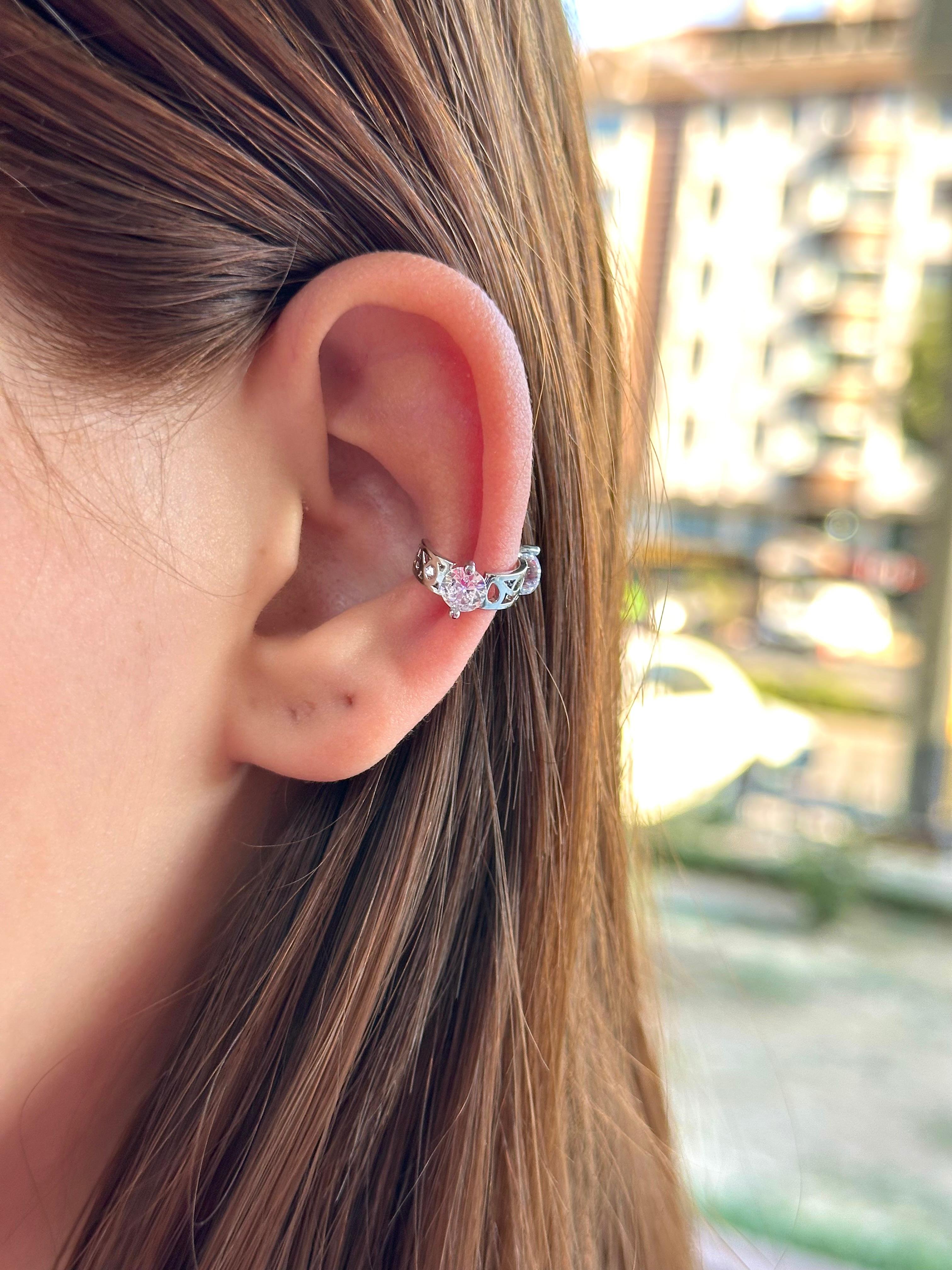 Çelik Kalp Taşlı Taç Motif Ear Cuff Kıkırdak Küpe – Silver