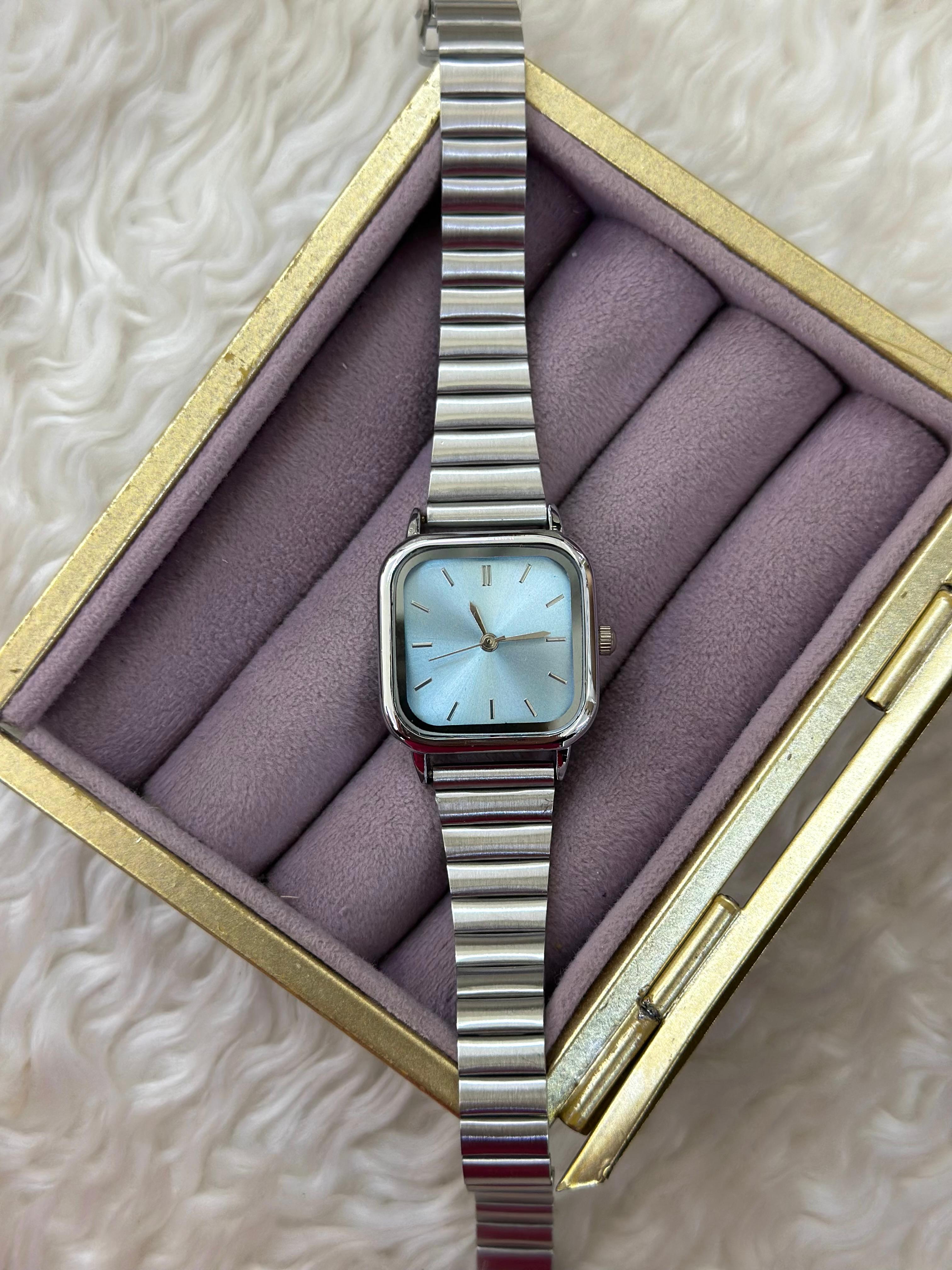 💙 Gök Mavisi Ferahlığı: Retro Kare Gümüş Kol Saati 💙☁️