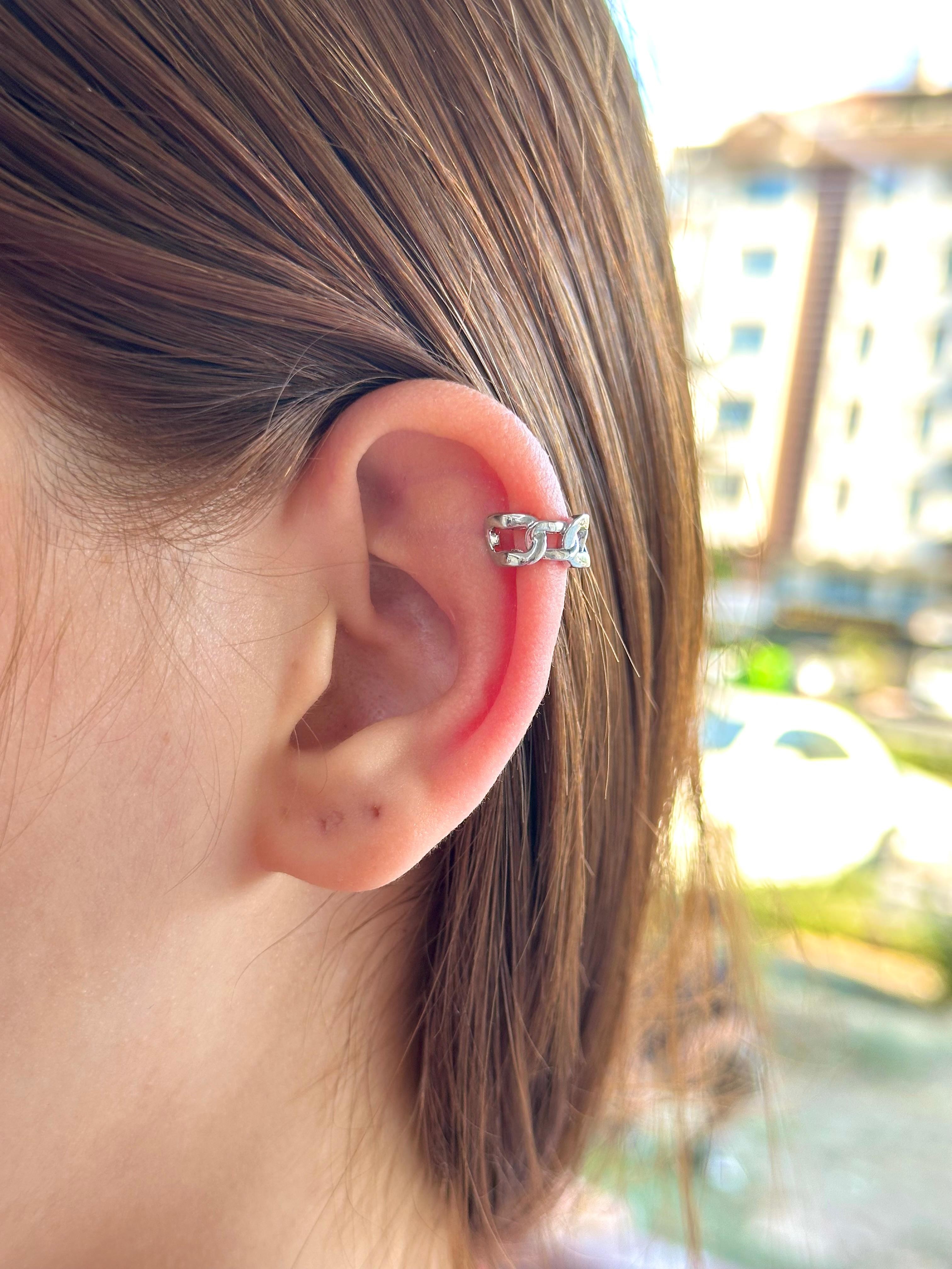 Çelik Zincir Halkalı Ear Cuff Kıkırdak Küpe – Silver