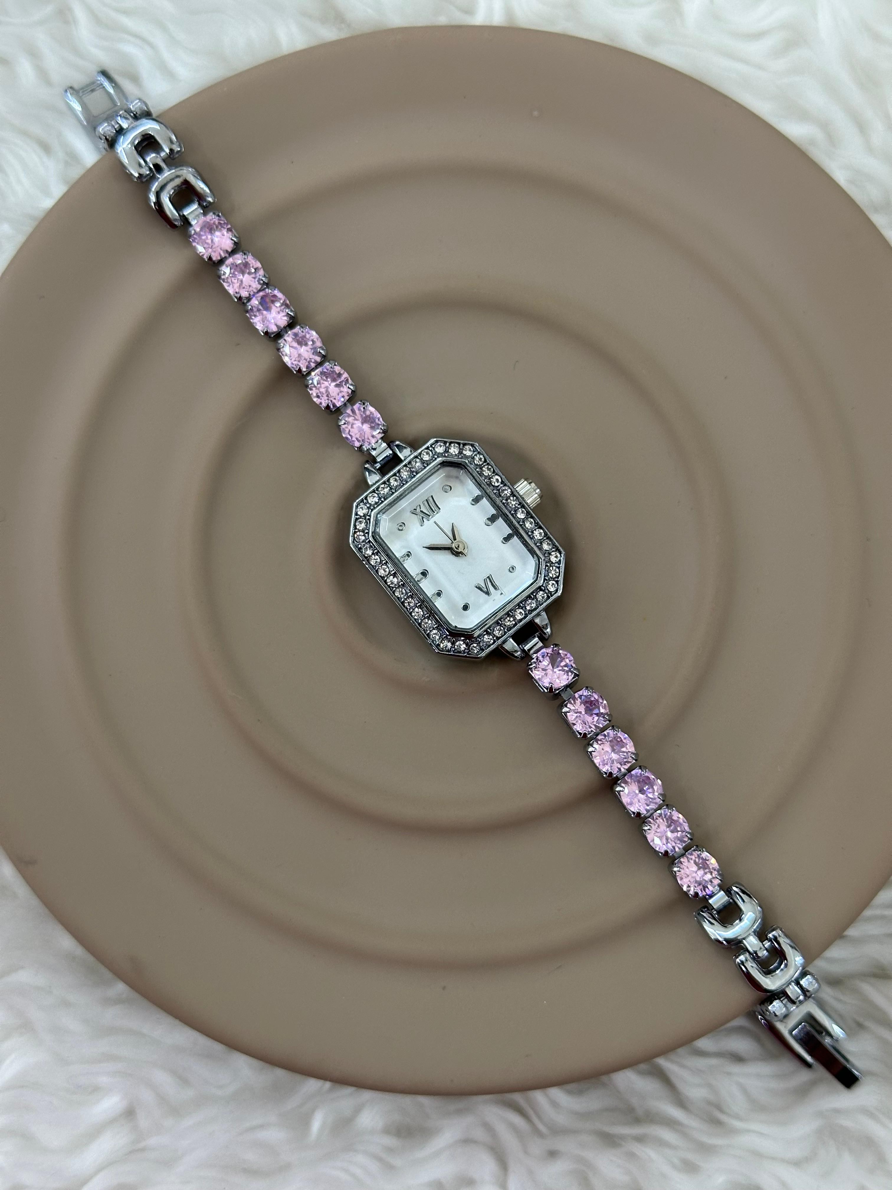 Pembe Berraklık Kristal Bileklik Kol Saati