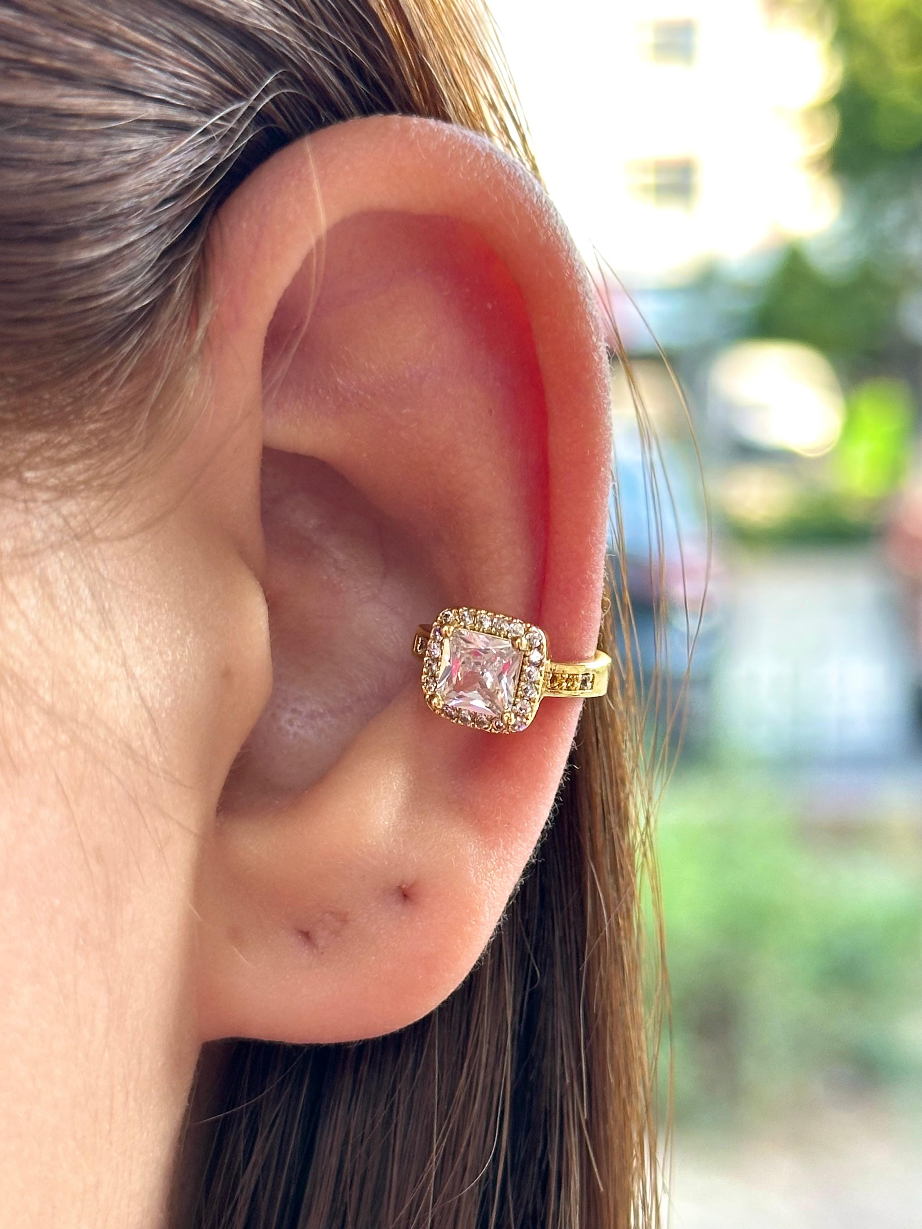  Çelik Kare Taş Halo Ear Cuff Kıkırdak Küpe – Gold