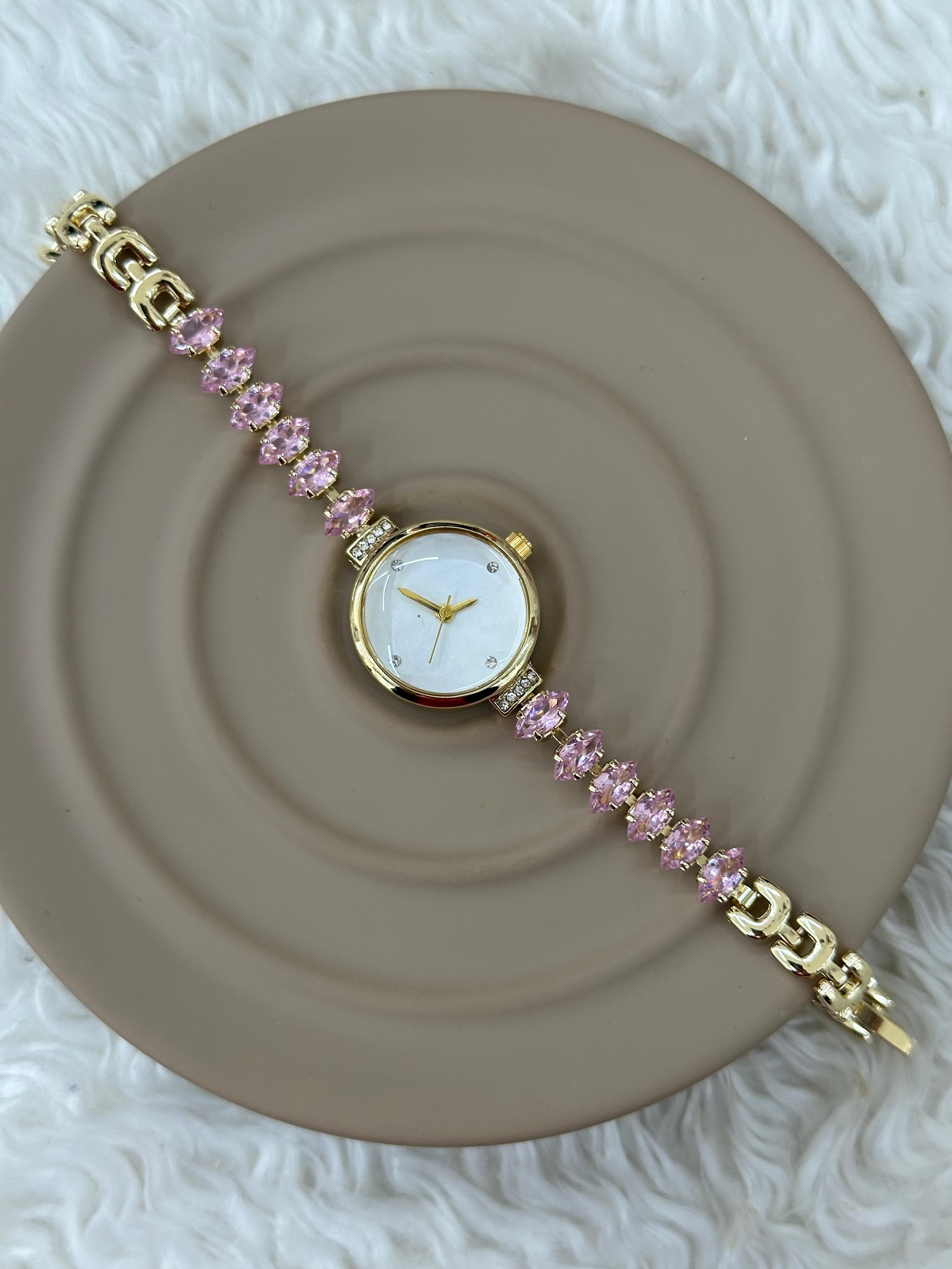 Pembe Kristal Taşlı Gold Bileklik Saat