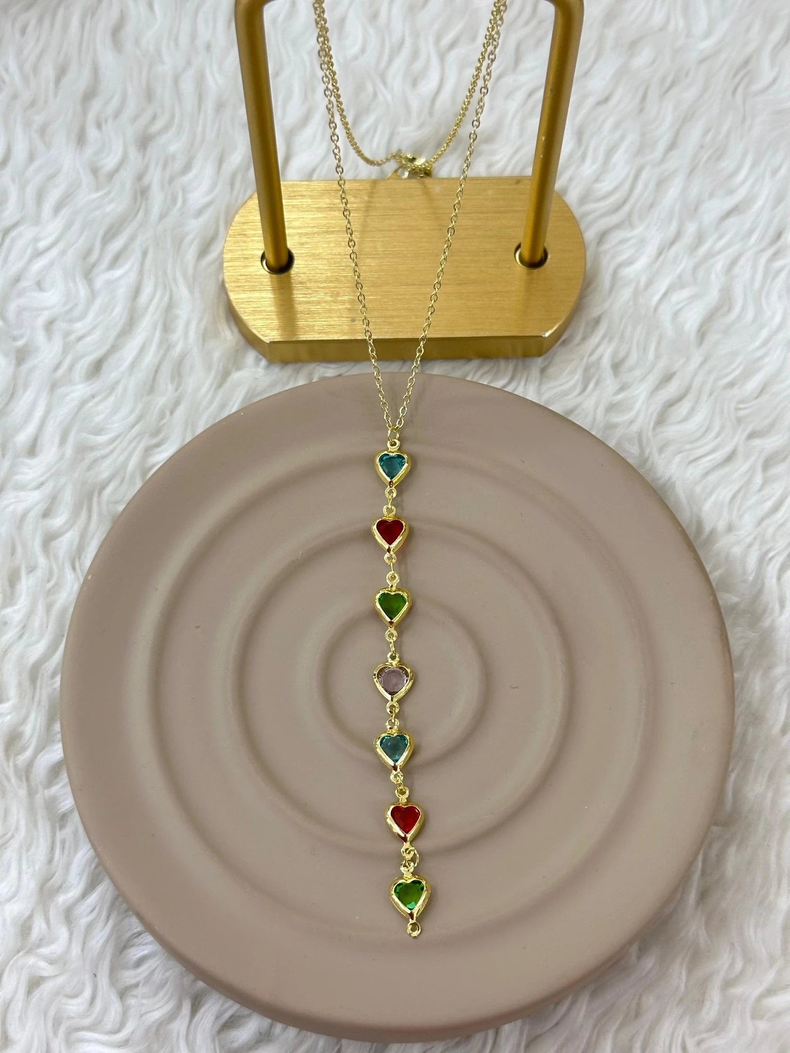 💖🌈 Renkli Kalp Taşlı Gold Y Kolye 🌈💖