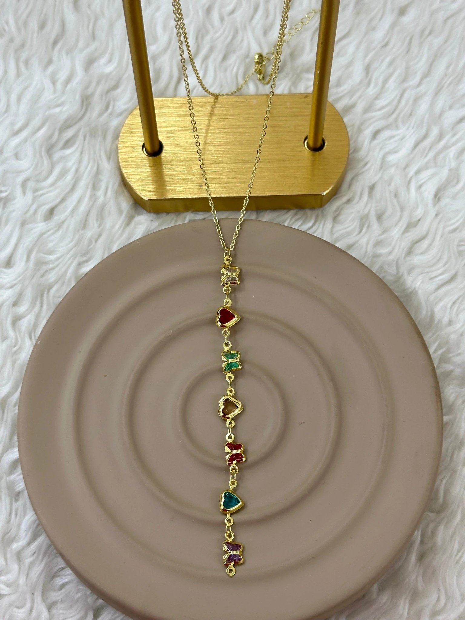 🦋💖 Renkli Kalp & Kelebek Taşlı Gold Y Kolye 💖🦋