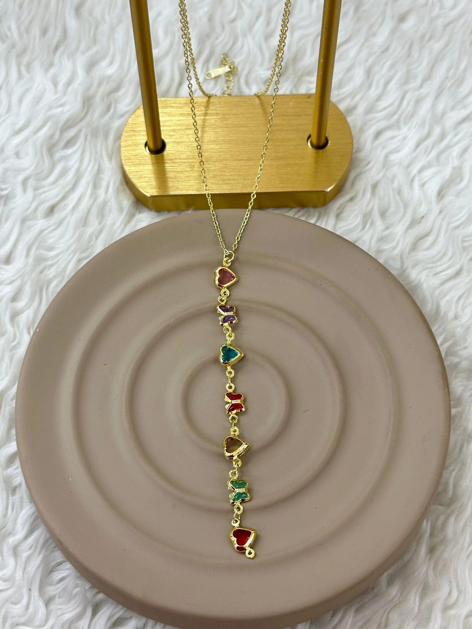 💖🦋 Renkli Kalp & Kelebek Taşlı Gold Y Kolye 🦋💖