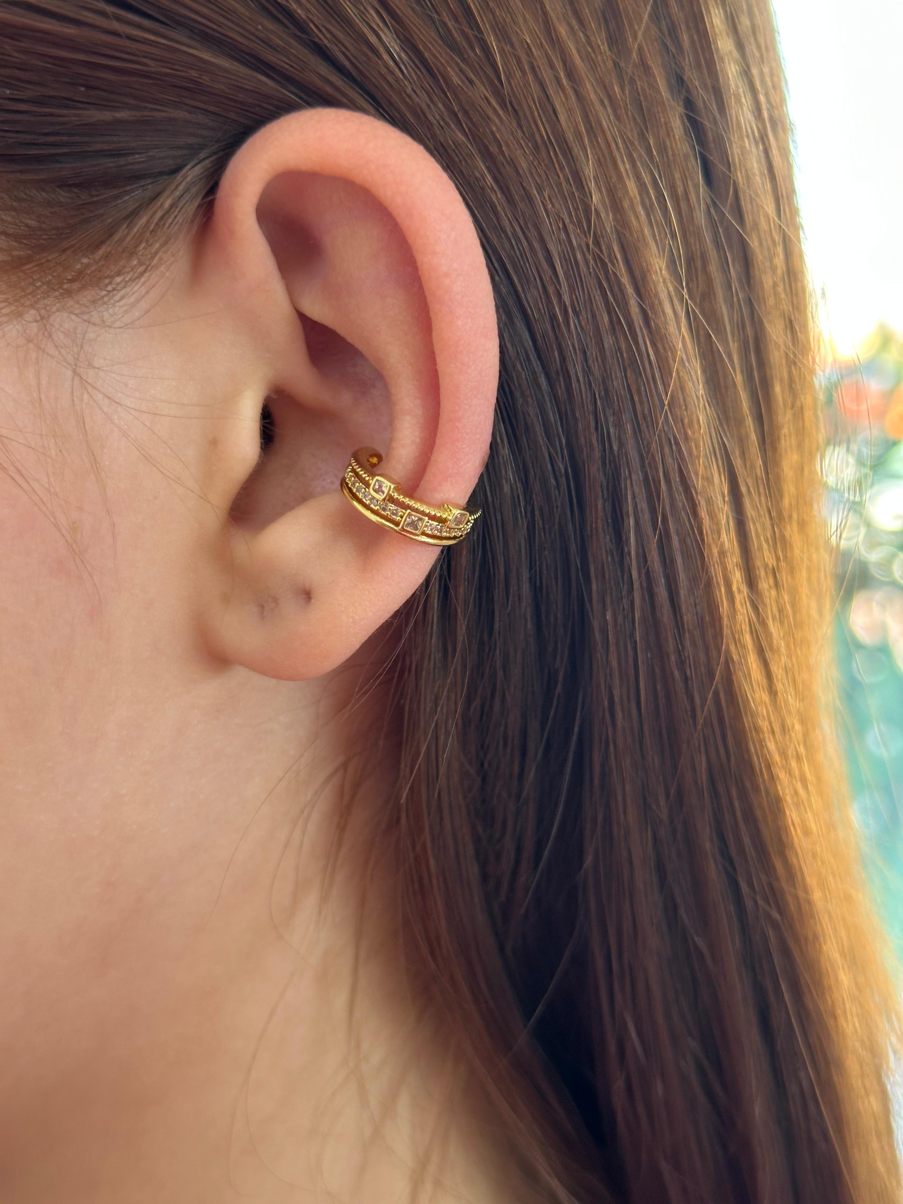 Çelik İkili Bant Baget Taşlı Ear Cuff Kıkırdak Küpe – Gold
