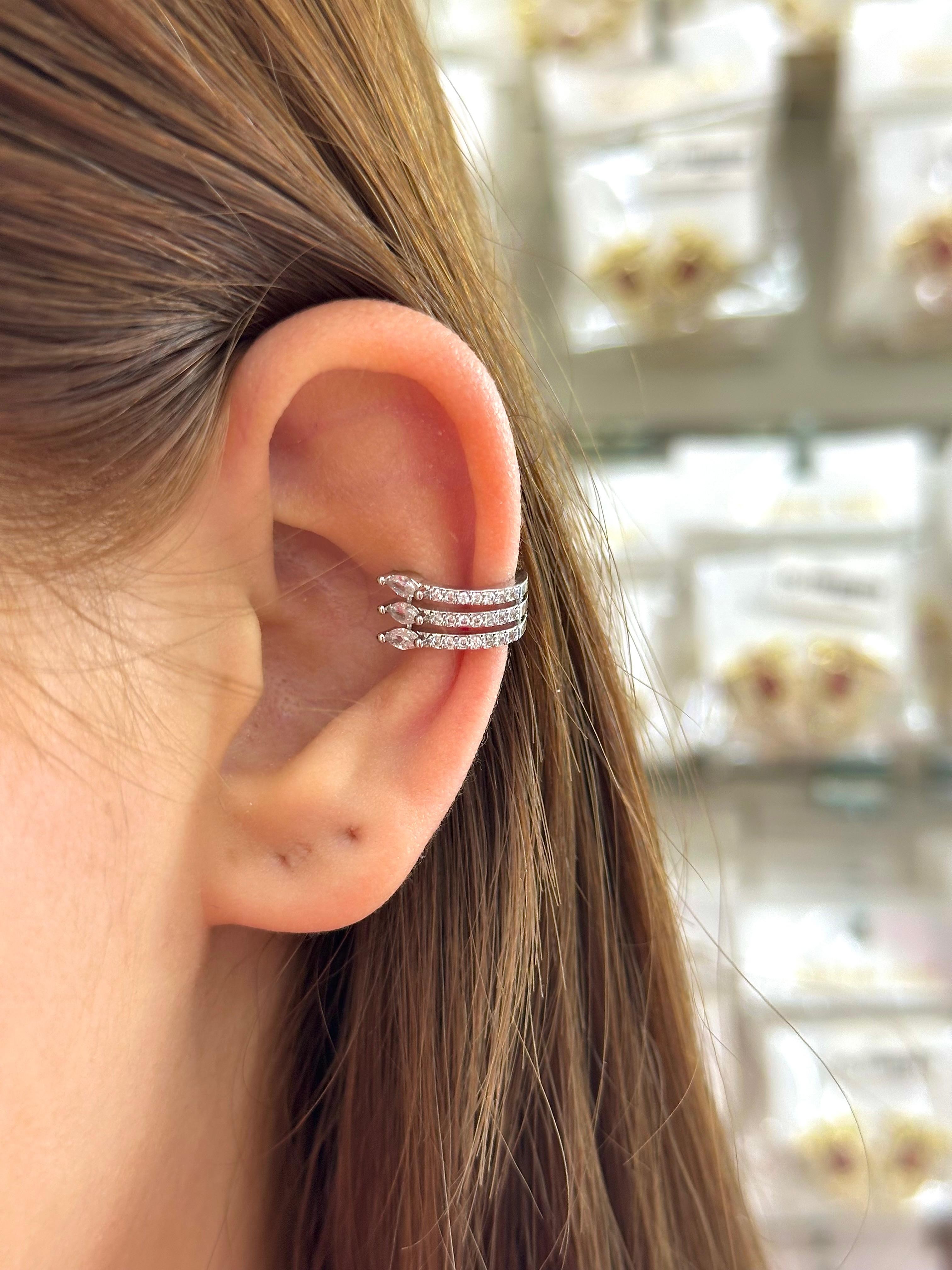 Çelik Üç Sıra Mikro Taşlı Ear Cuff Kıkırdak Küpe – Silver