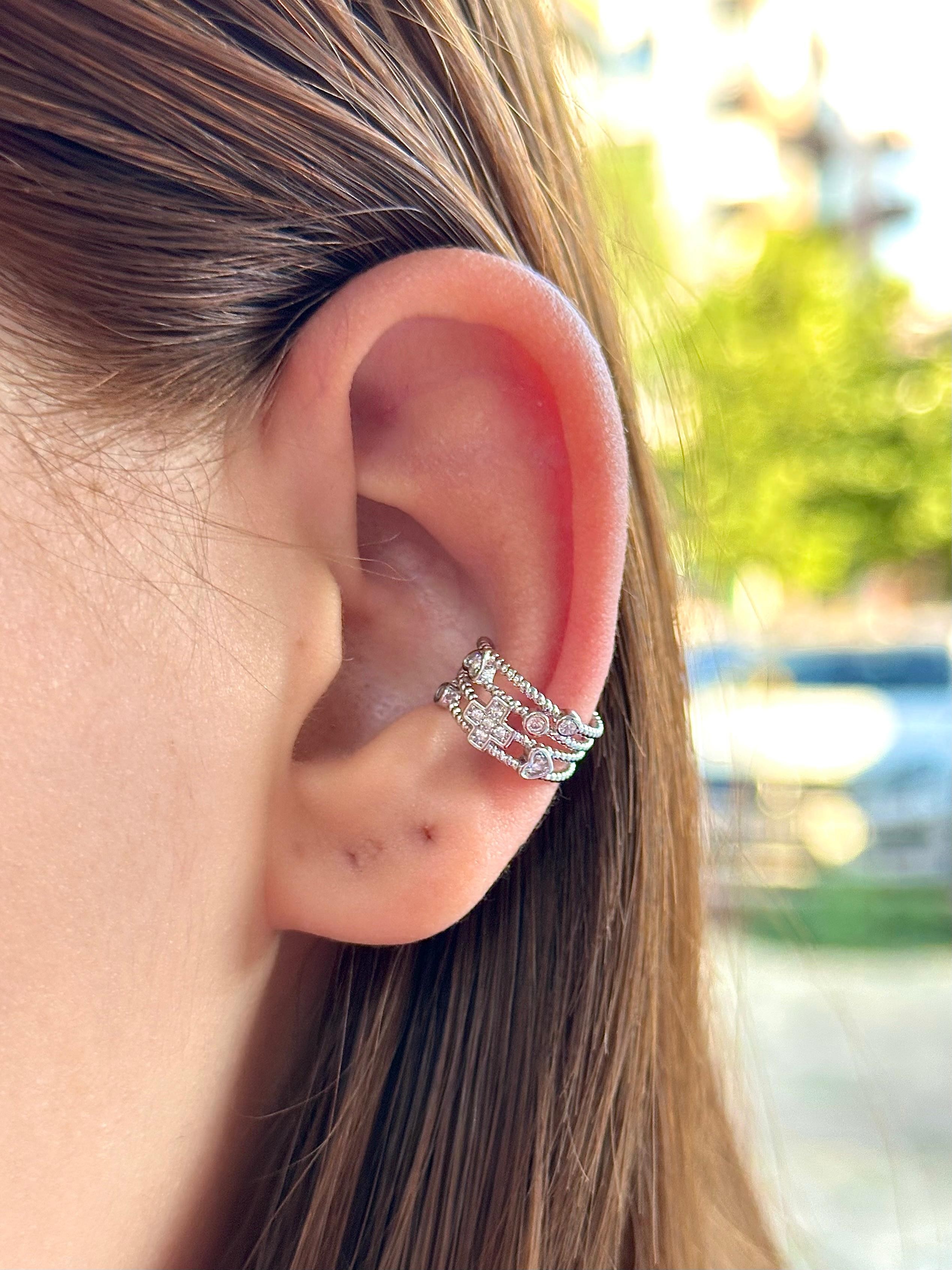 Çelik Üç Sıra Burgu & Motif Taşlı Ear Cuff Kıkırdak Küpe – Silver