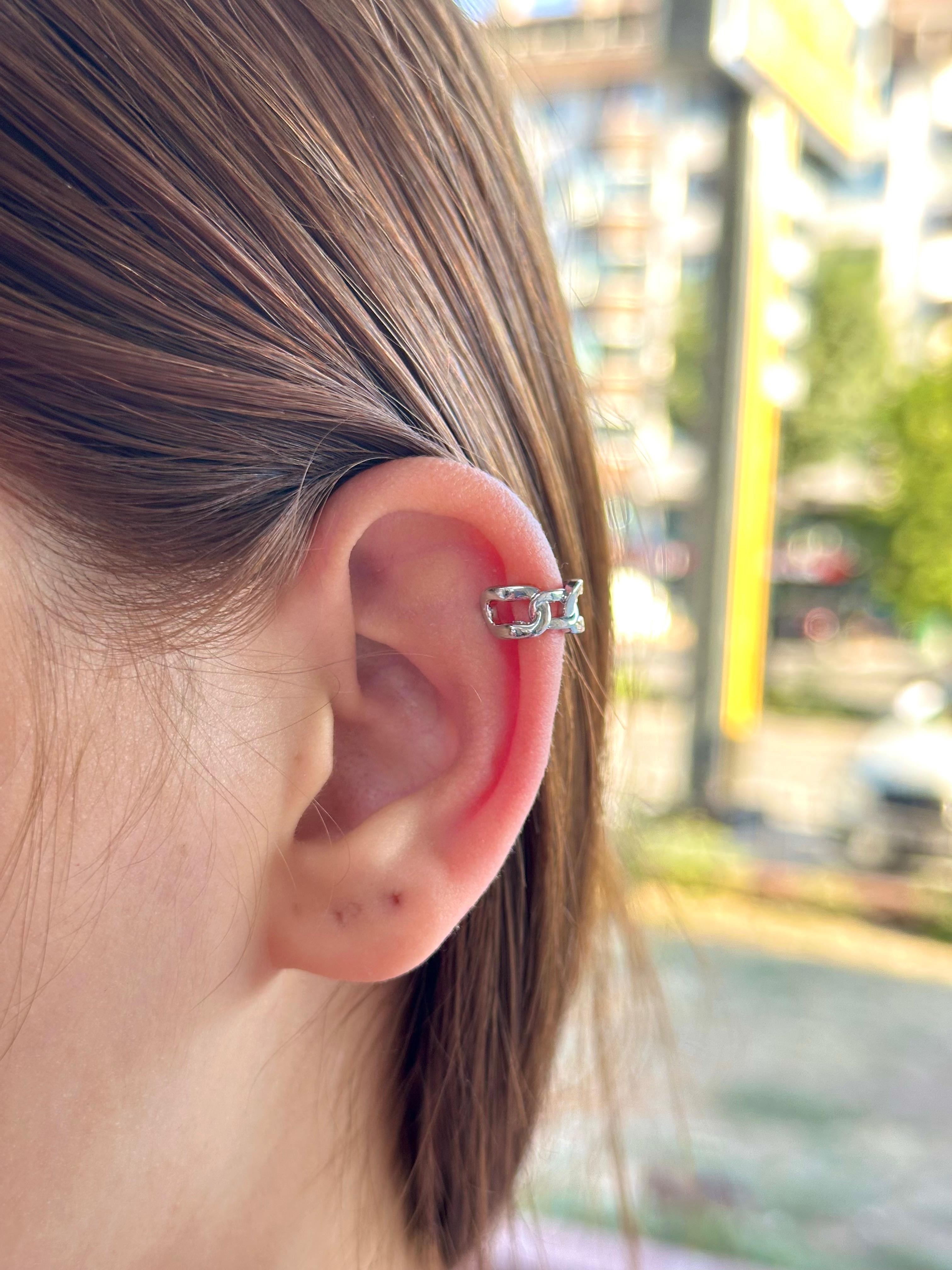 Çelik Zincir Halkalı Ear Cuff Kıkırdak Küpe – Silver