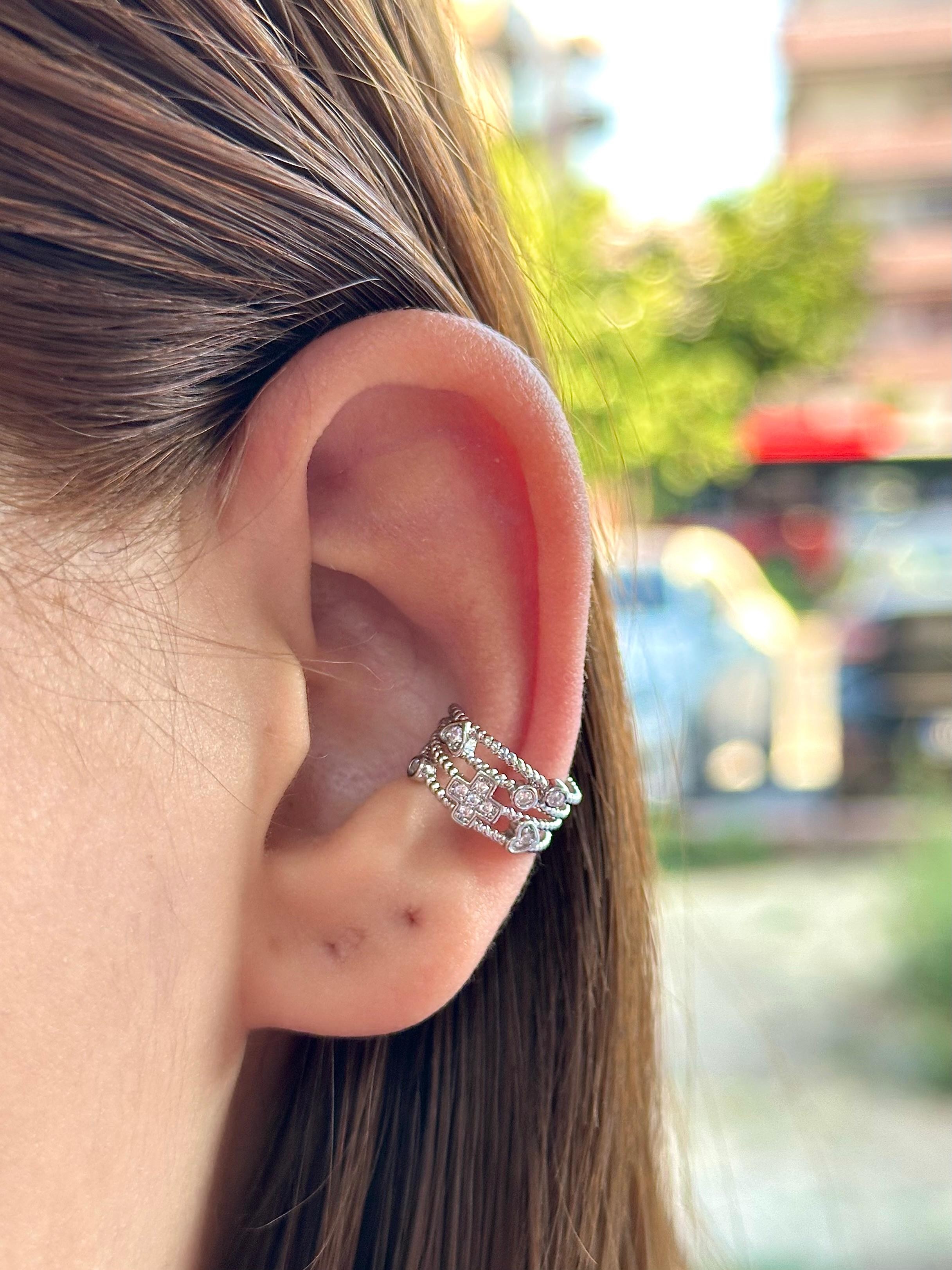 Çelik Üç Sıra Burgu & Motif Taşlı Ear Cuff Kıkırdak Küpe – Silver