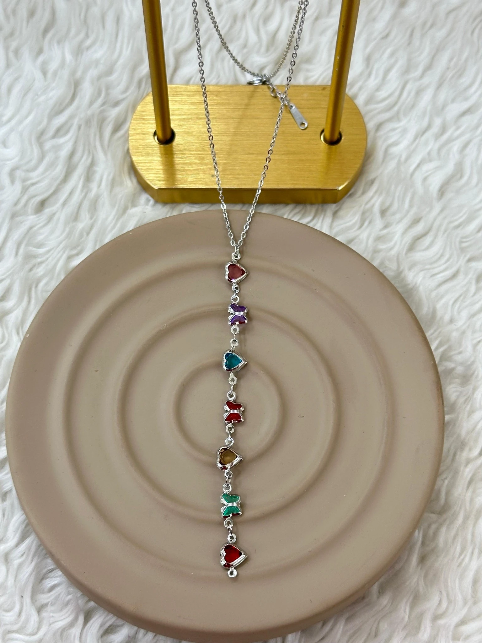 🦋💖 Renkli Kalp & Kelebek Taşlı Silver Y Kolye 💖🦋