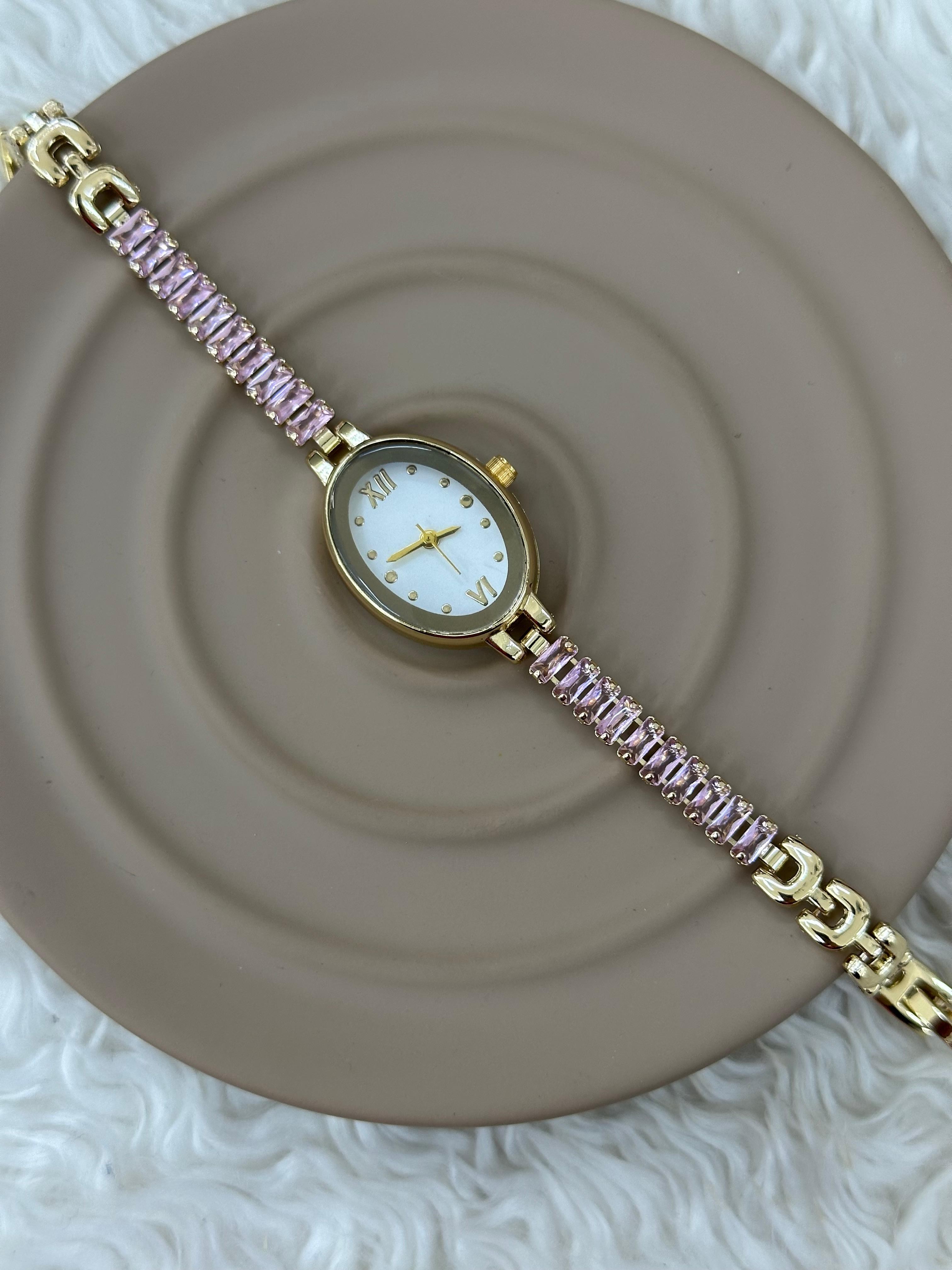 Pembe Işıltı Oval Bileklik Saat