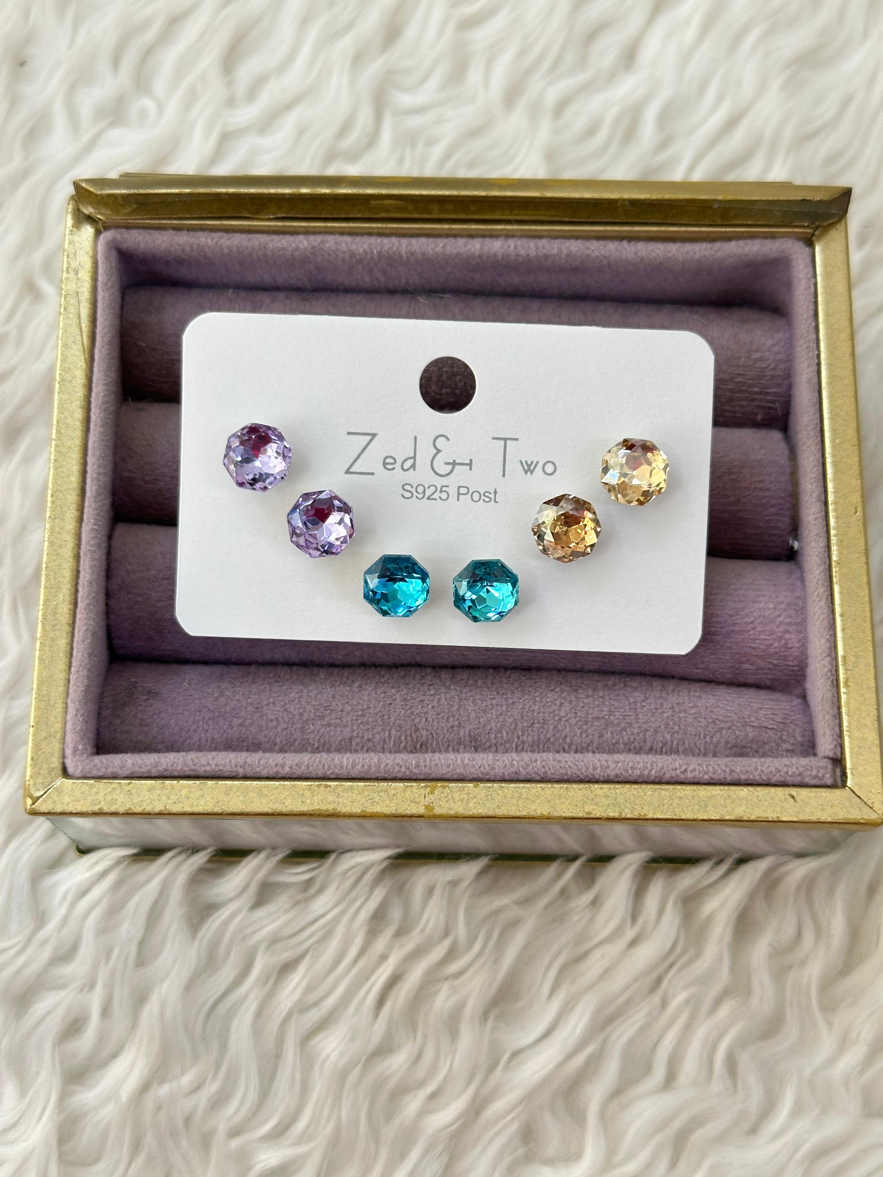 💎 Renklerin Büyüsü! 3'lü Fasetli Çok Renkli Taş Küpe Seti! 💜💙🧡