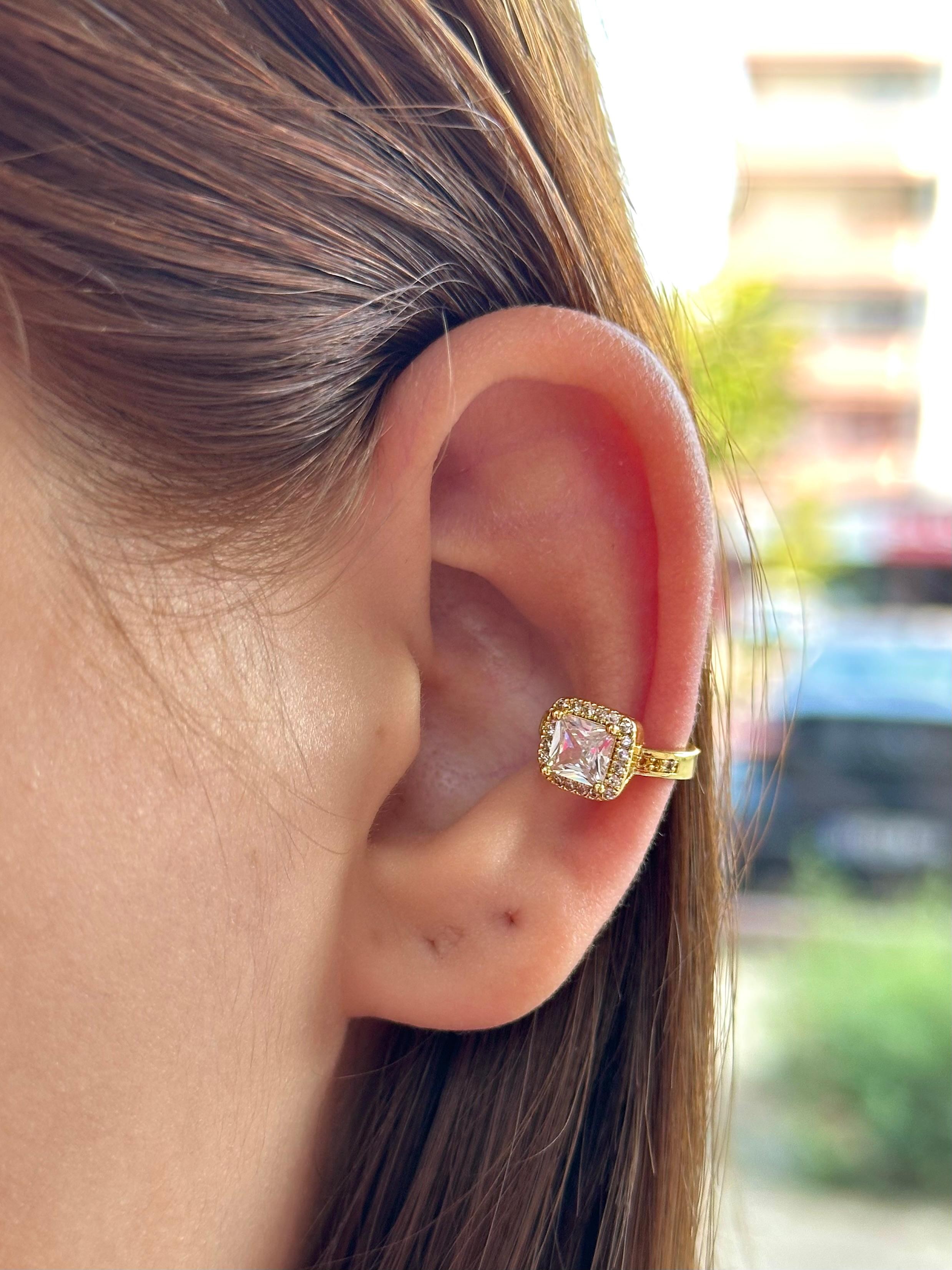  Çelik Kare Taş Halo Ear Cuff Kıkırdak Küpe – Gold