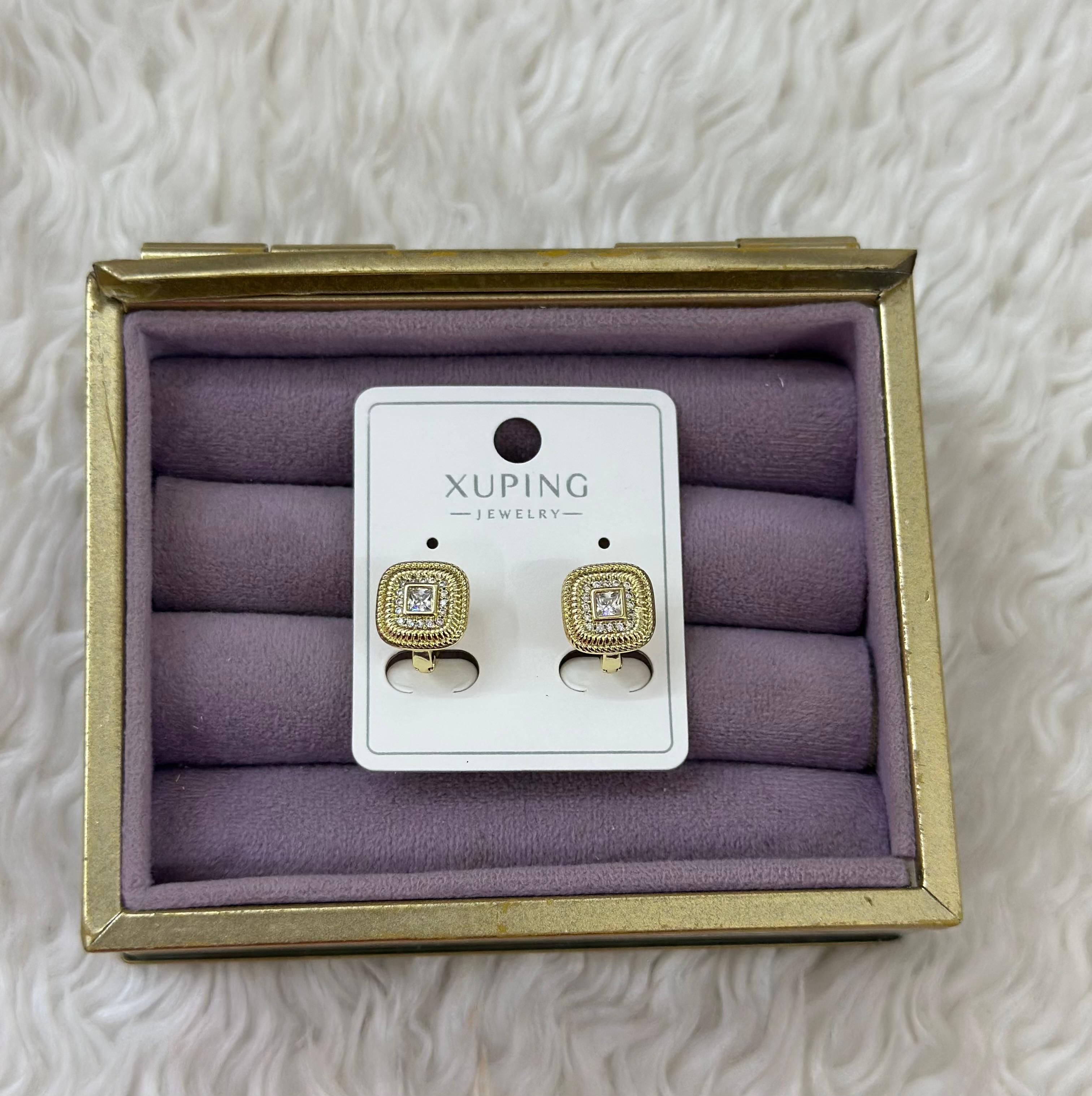 💎 Xuping Kare Taşlı Vintage Gold Küpe 🌟