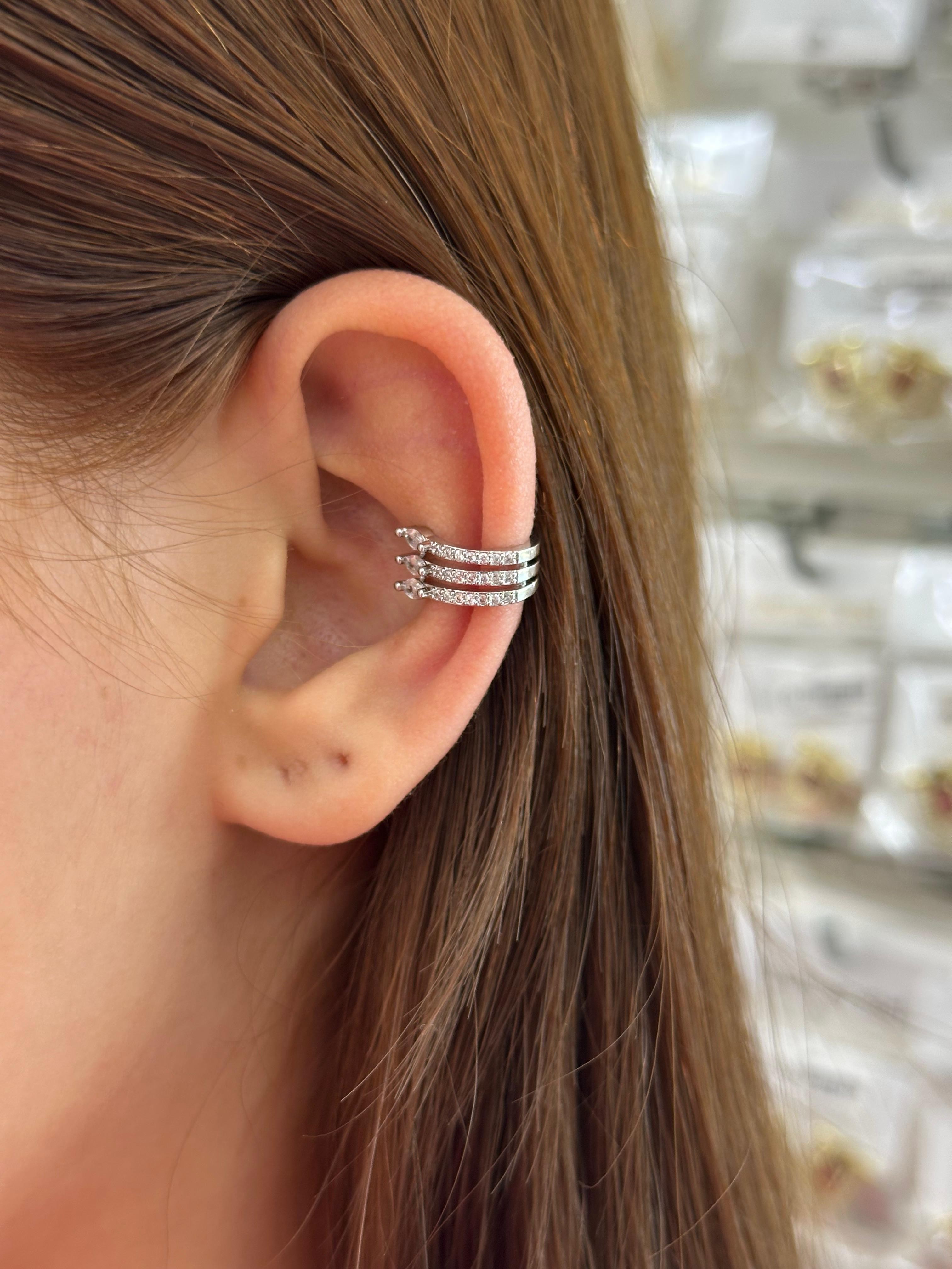 Çelik Üç Sıra Mikro Taşlı Ear Cuff Kıkırdak Küpe – Silver