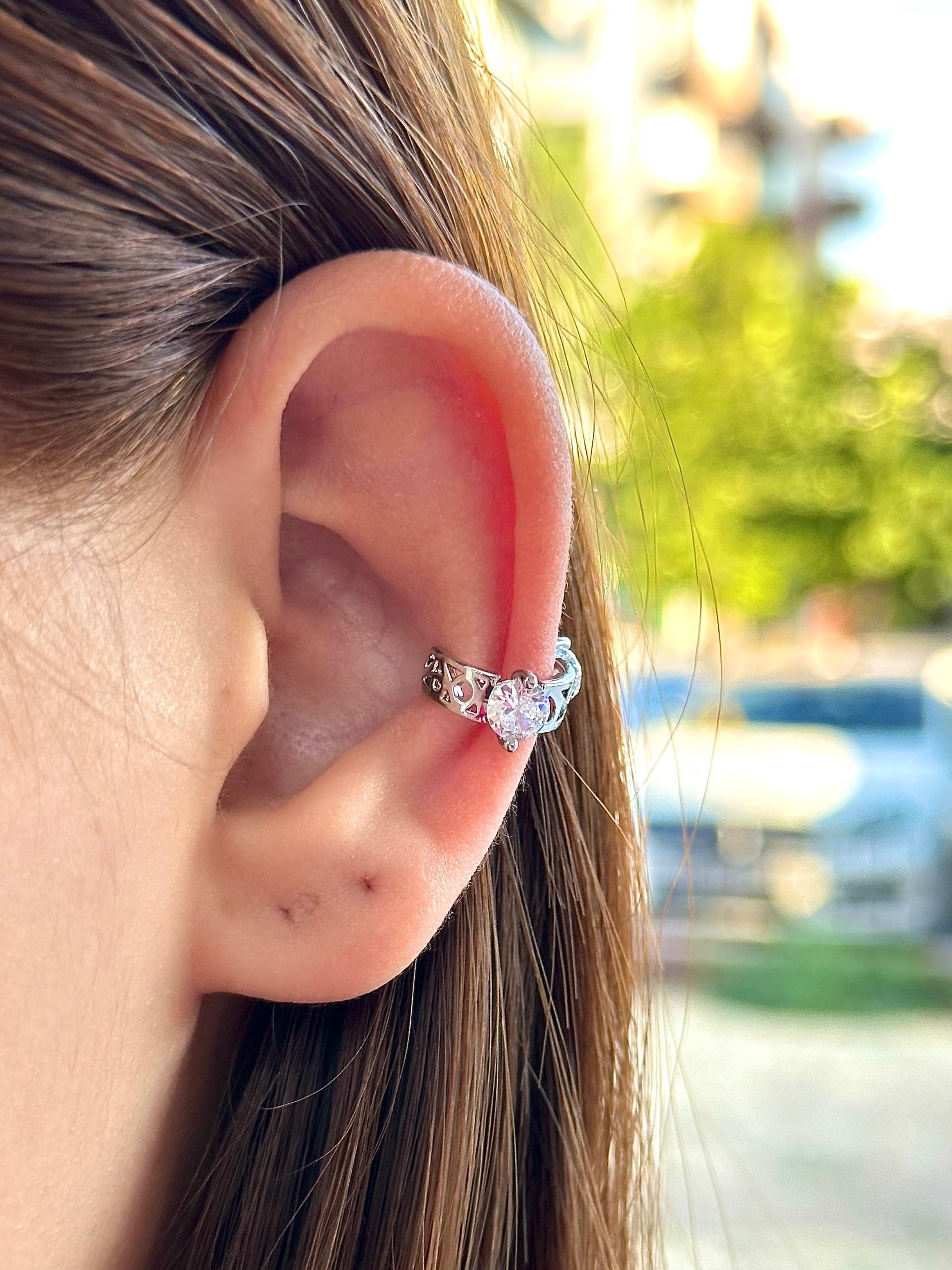 Çelik Kalp Taşlı Taç Motif Ear Cuff Kıkırdak Küpe – Silver