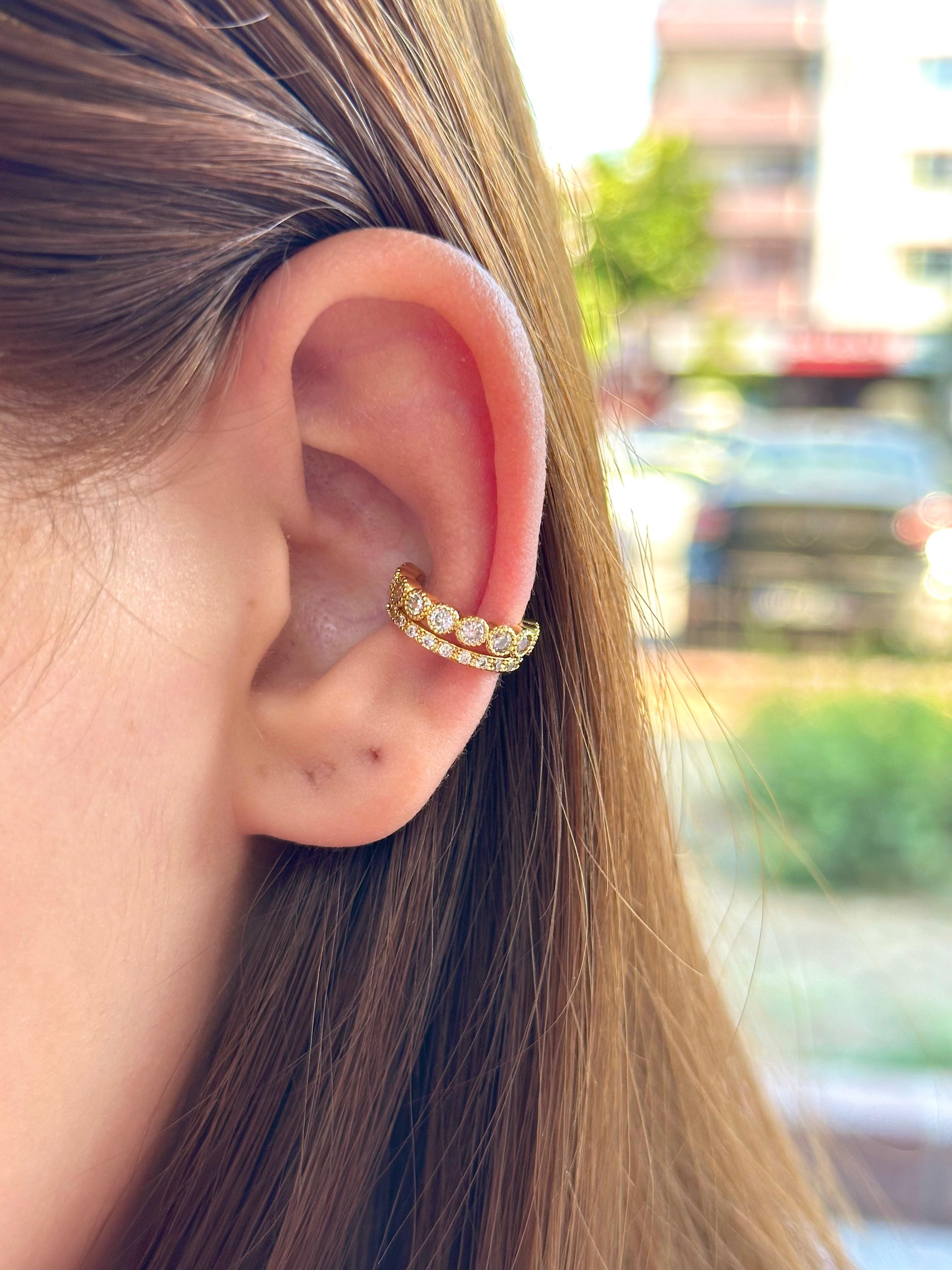 Çelik Çift Bant Yuvarlak Taşlı Ear Cuff Kıkırdak Küpe – Gold
