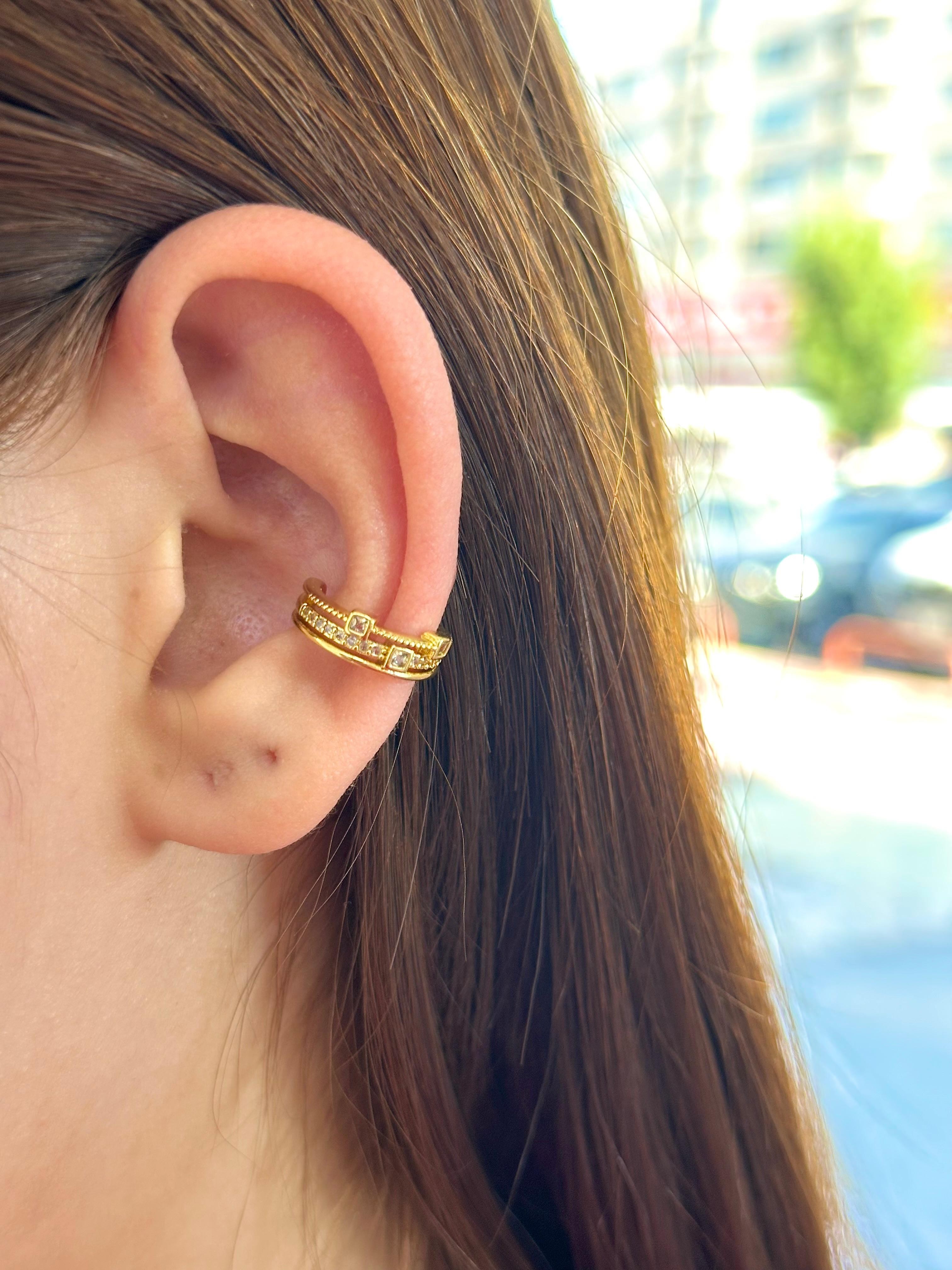 Çelik İkili Bant Baget Taşlı Ear Cuff Kıkırdak Küpe – Gold