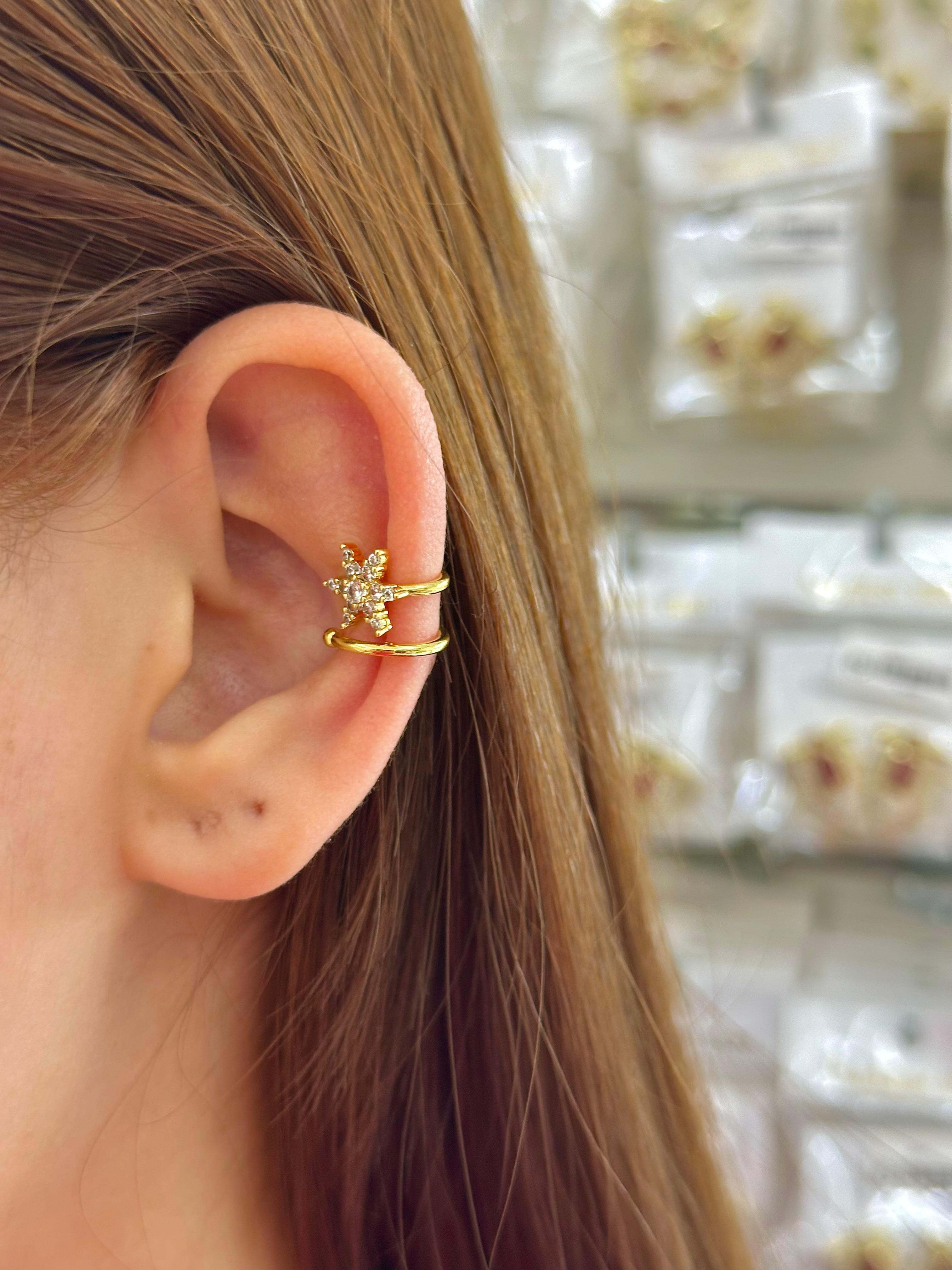 Çelik Yıldız Taşlı Çift Bant Ear Cuff Kıkırdak Küpe – Gold