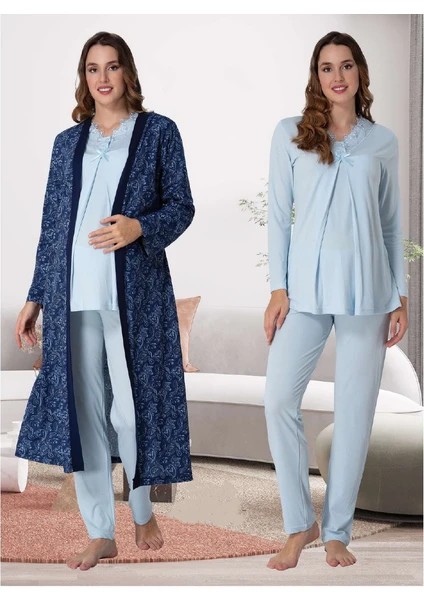 Lohusa Desenli Sabahlıklı Pijama Takımı - 9058