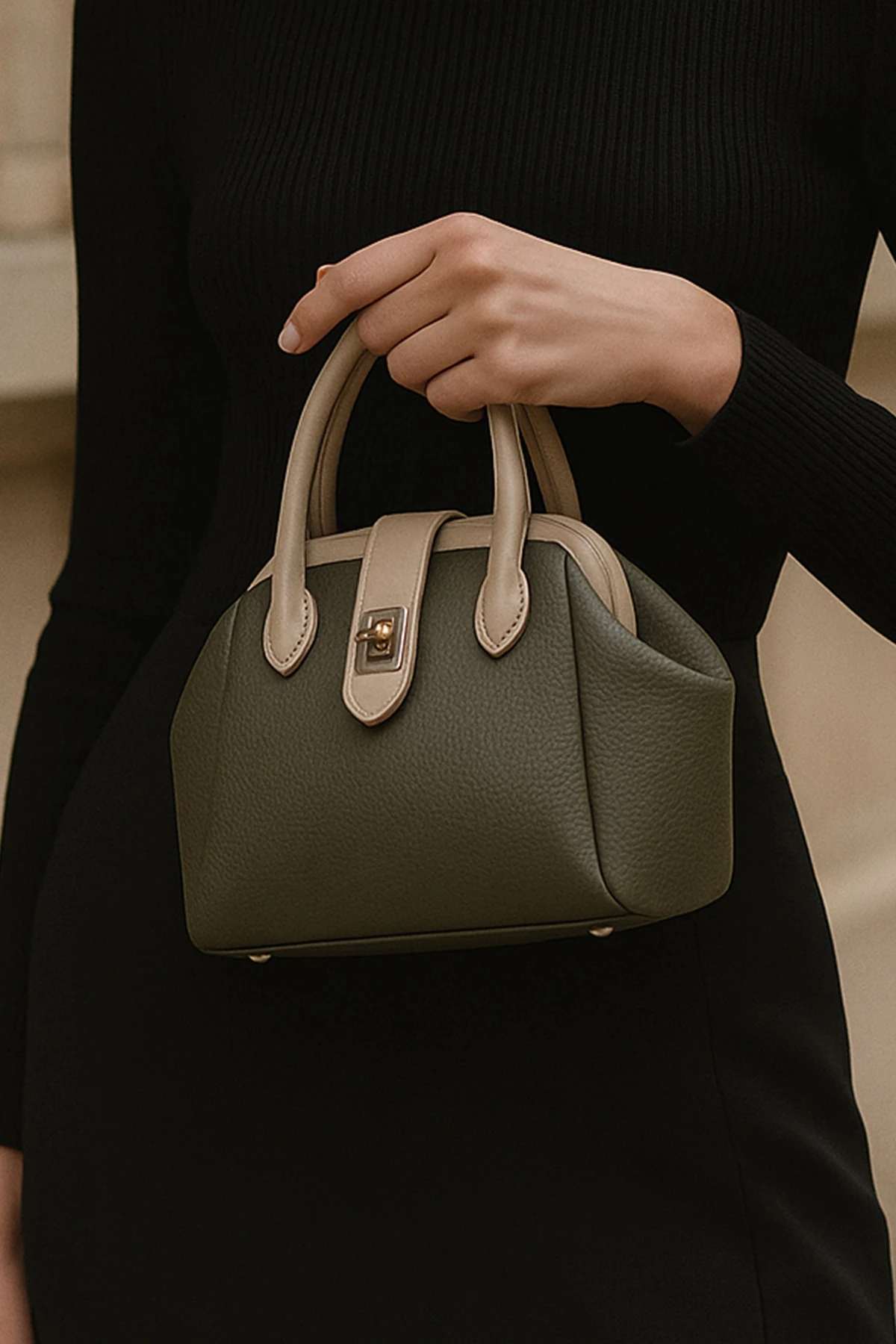 Venezia Amoura Haki Kilit Detaylı Tokalı Suni Deri El Kol ve Omuz Çantası