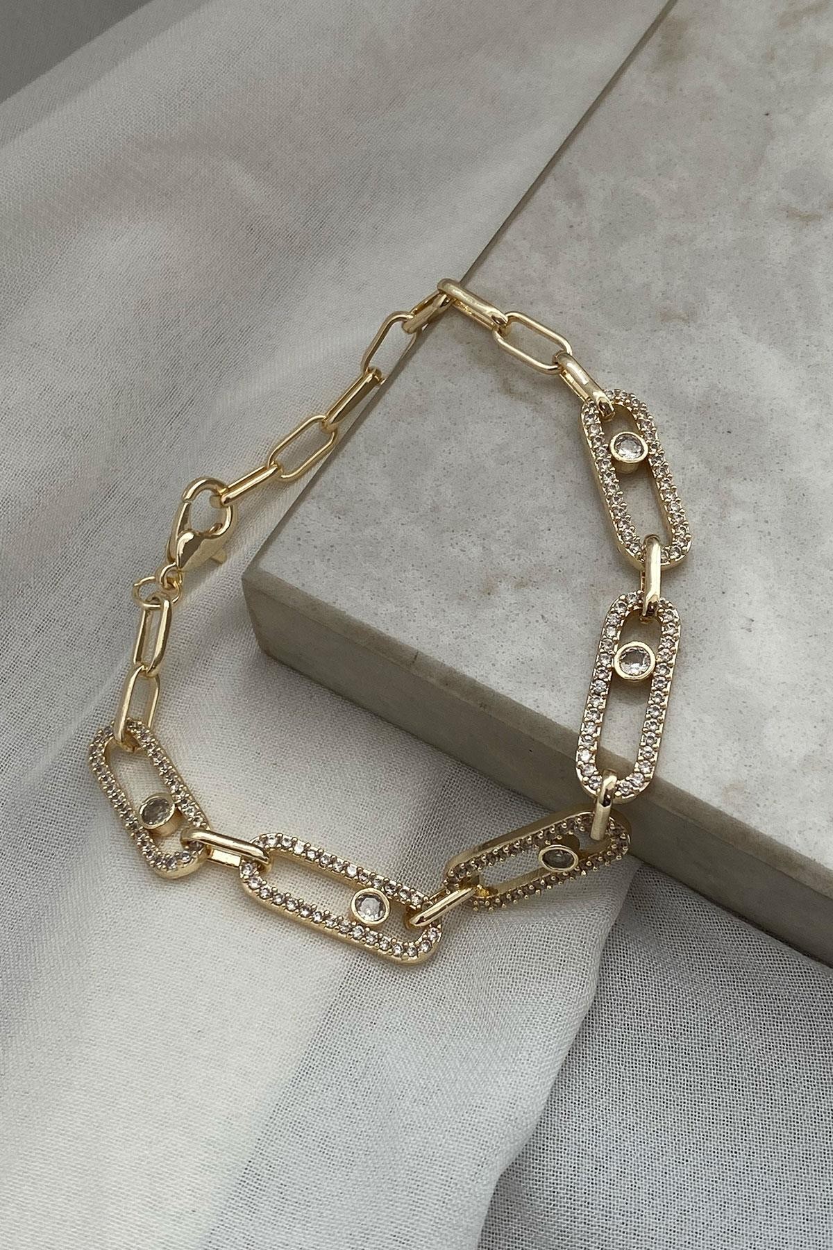 Oval Taşlı Model Gold Detaylı Kaplama Bileklik