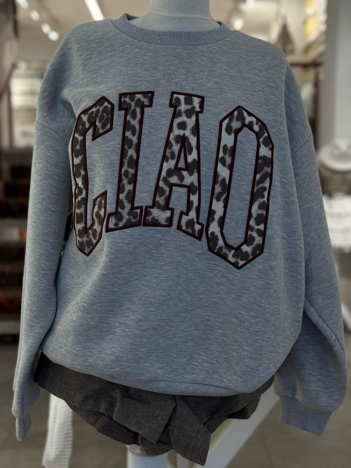 Leopar Yazı Detay Gri Sweat