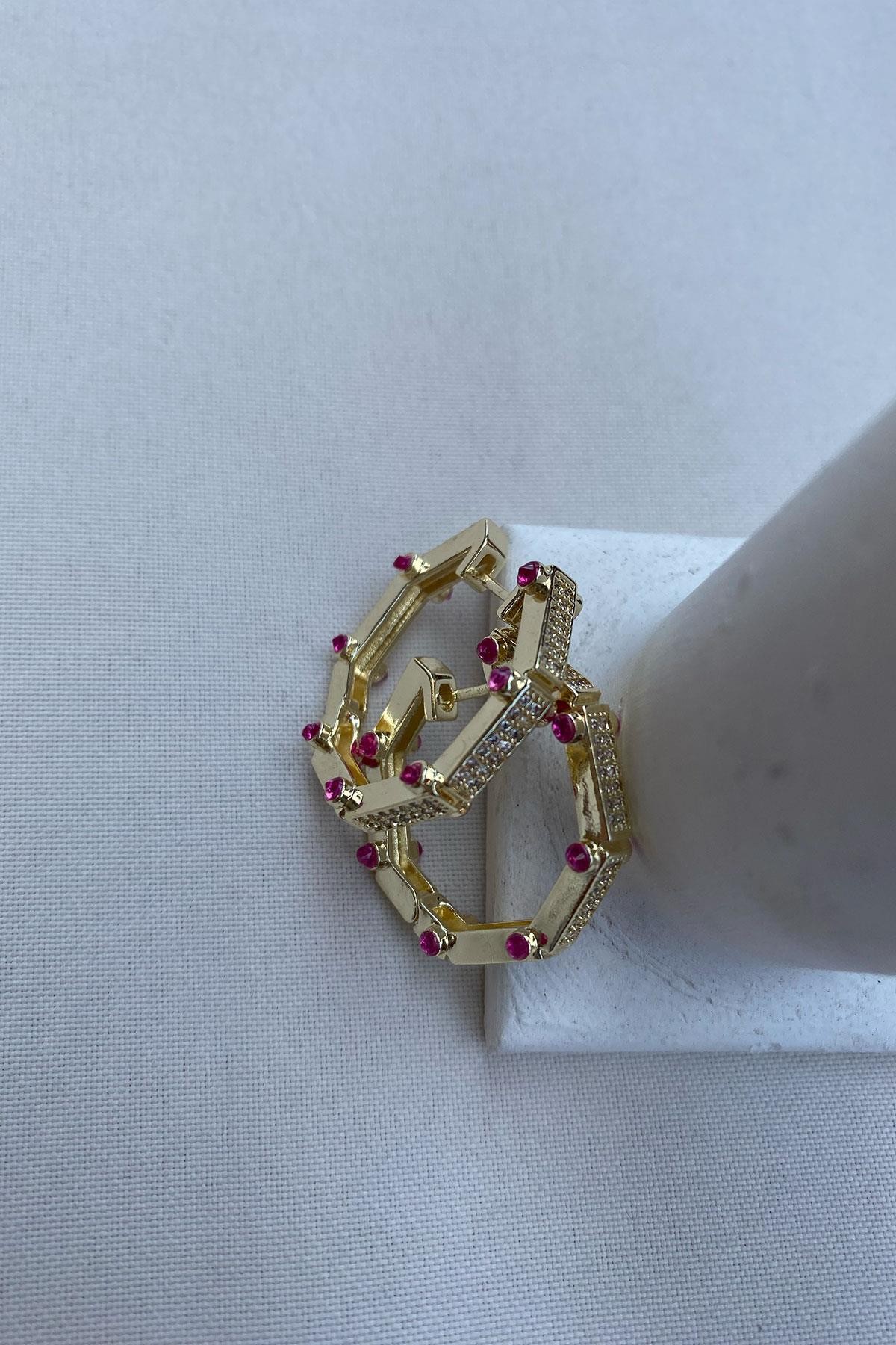 Zirkon Taş Altıgen Model Gold Detaylı Kaplama Küpe