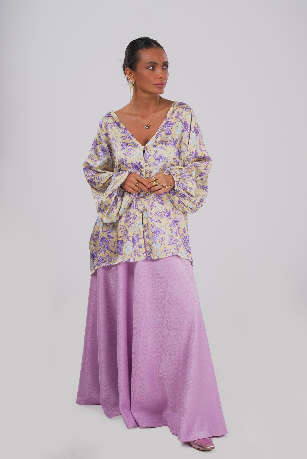 Pastel Çiçek | Desenli Oversize Saten Gömlek