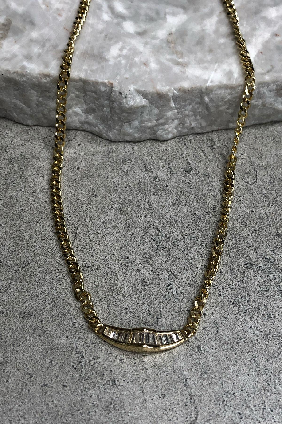 Dikdörtgen Taş Model Gold Zincir Detaylı Kaplama Kolye