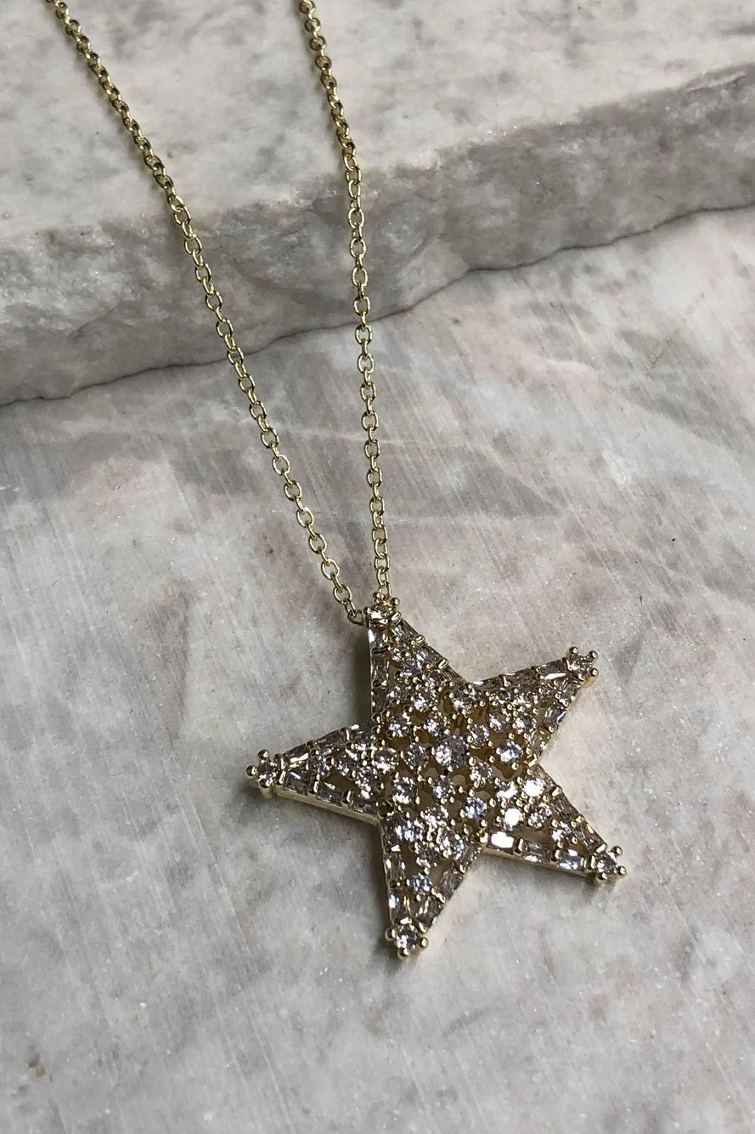 Zirkon Taş Kaplama Yıldız Model Gold Kolye